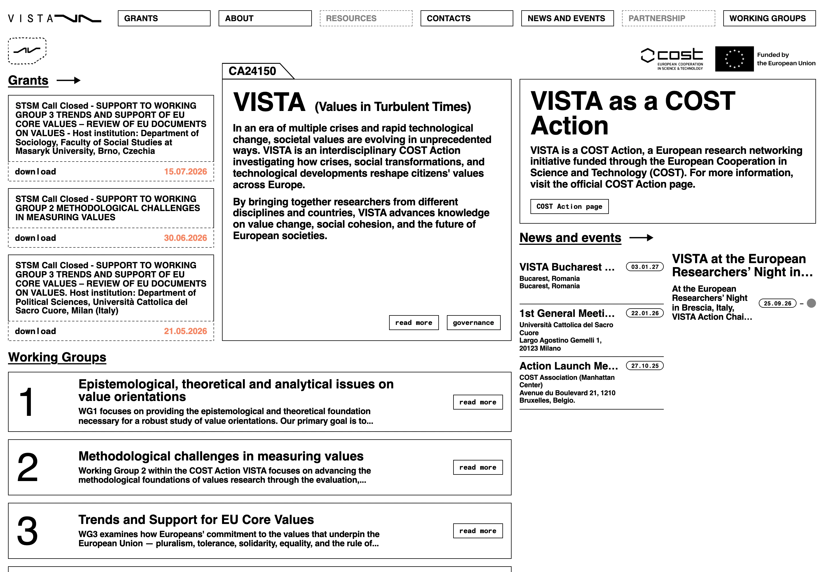 VISTA desktop — Homepage with grant calls, Action introduction, working groups and news