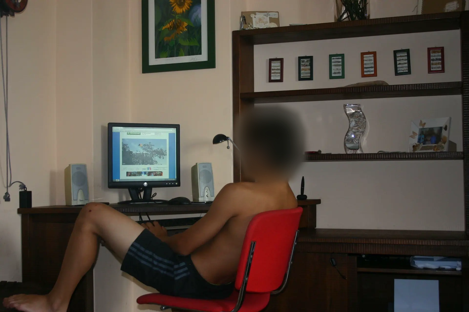 Early computer setup with a CRT monitor and speakers