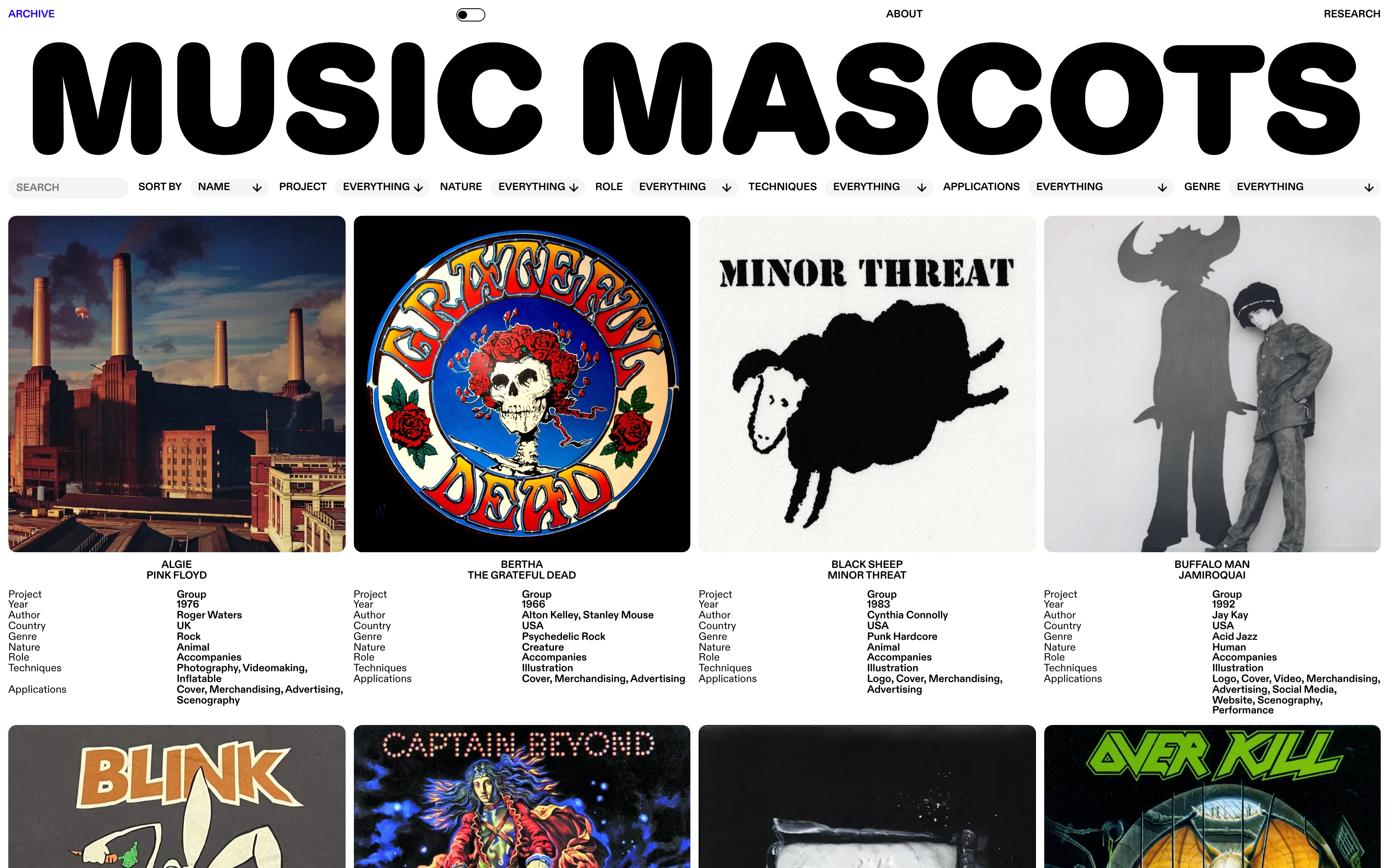 Music Mascots Archive desktop — home with the wordmark, facet bar and first cover row