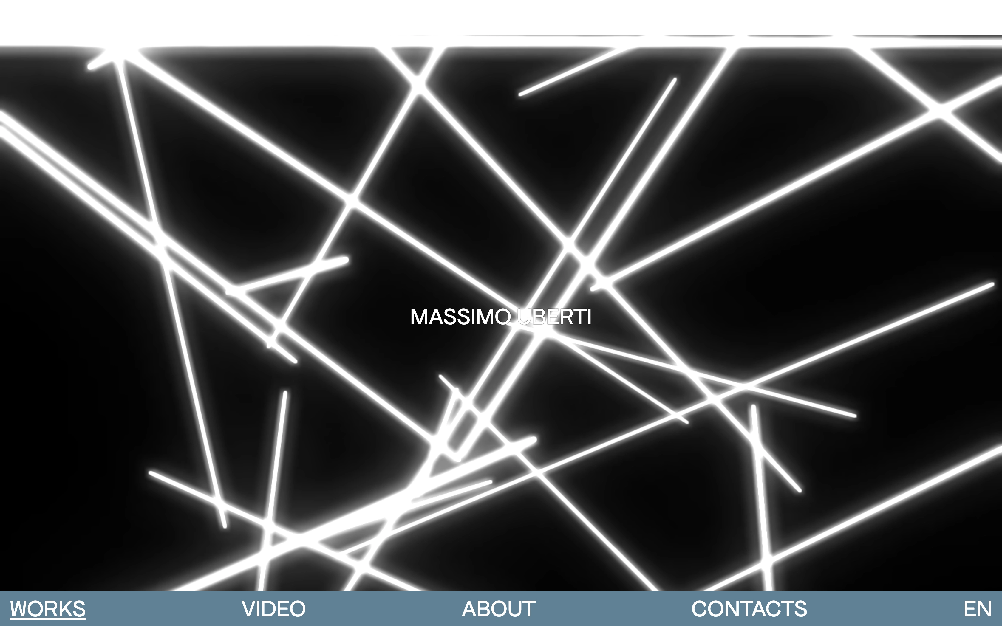 Massimo Uberti desktop home — neon line work with the artist wordmark over black