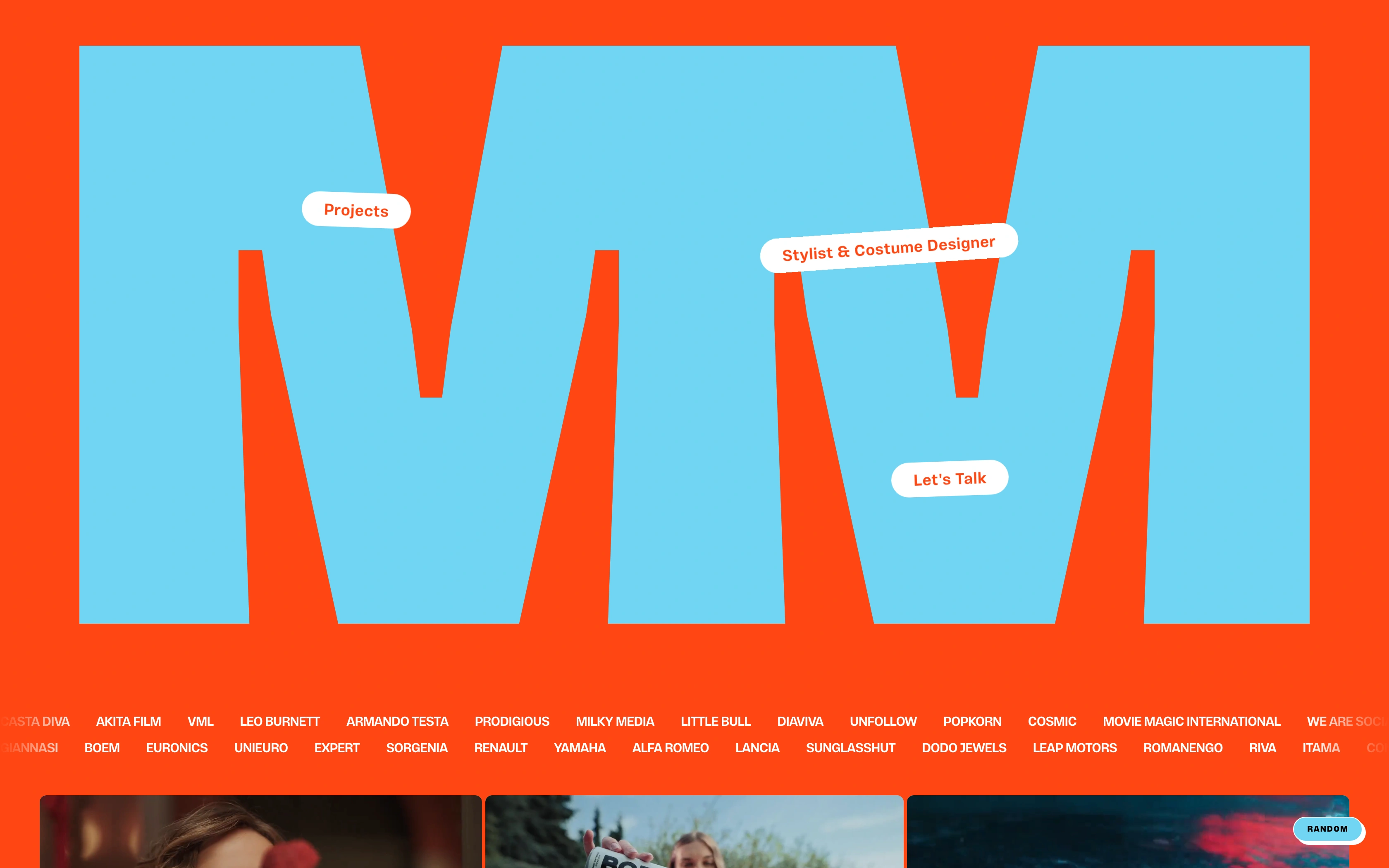 Miriam Mora desktop home — M monogram with the pill navigation and brand roster