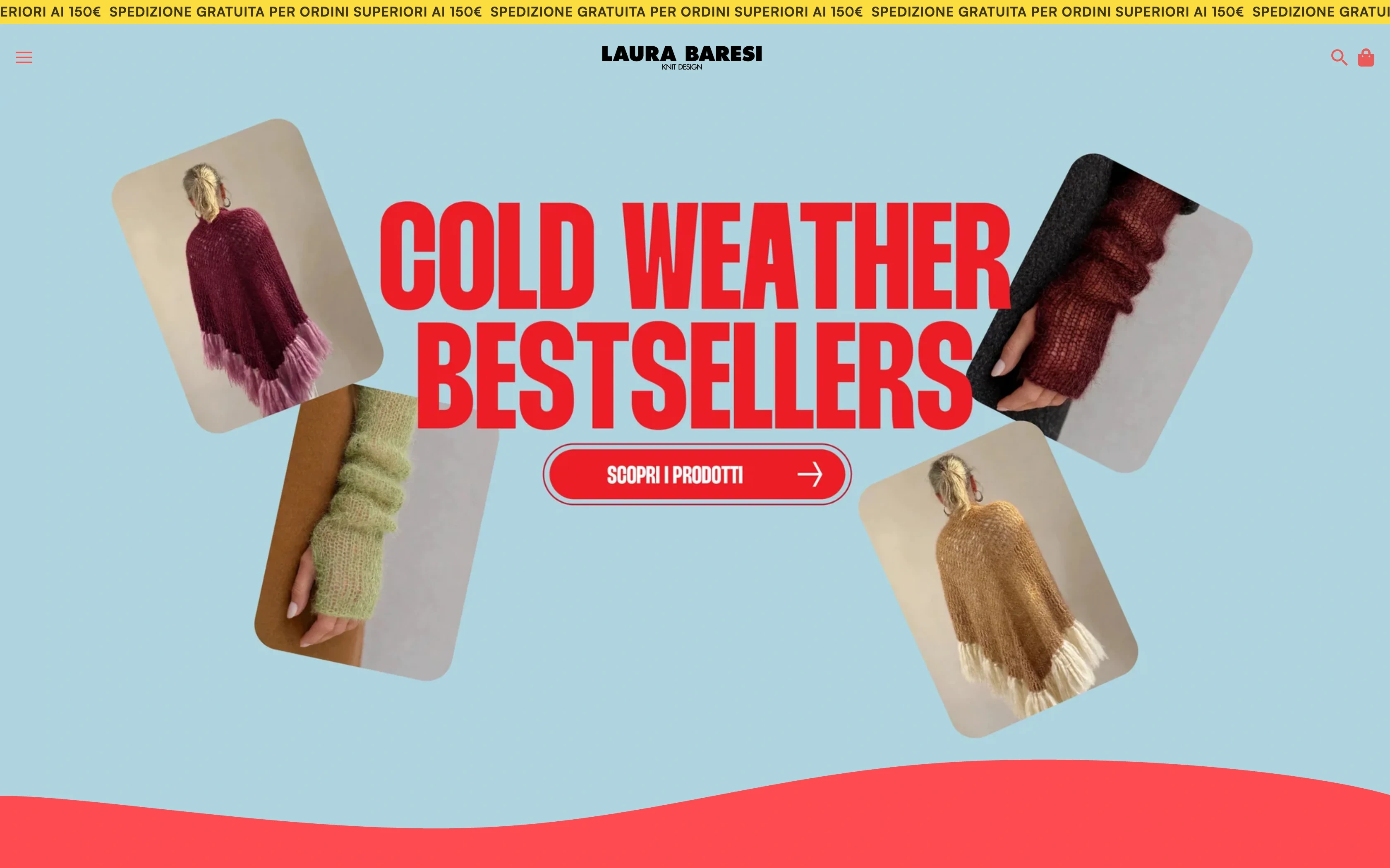 Laura Baresi desktop home — Cold Weather Bestsellers campaign collage on pale blue