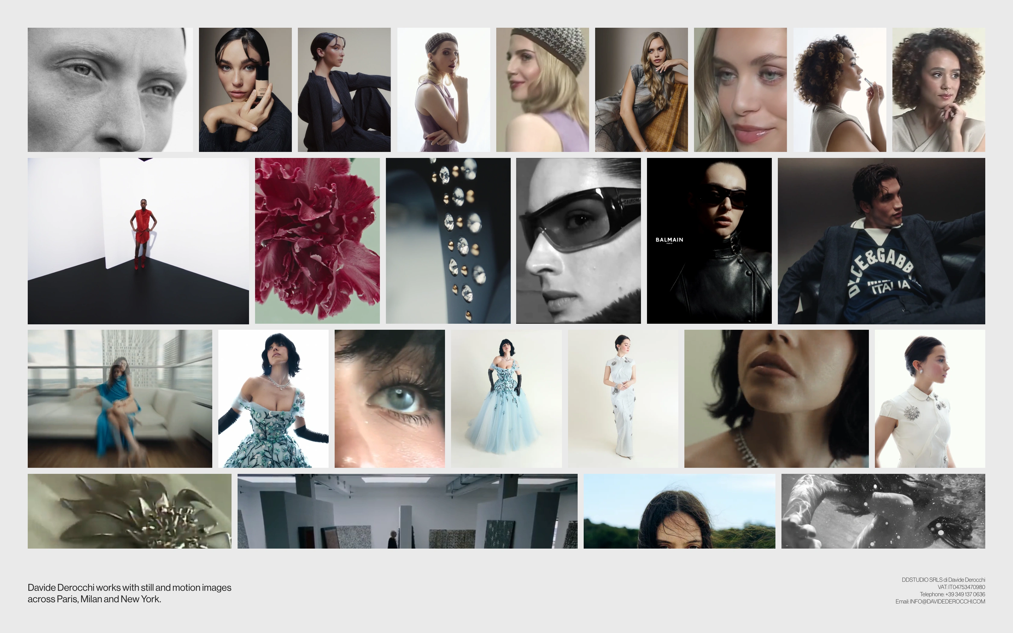 Davide Derocchi desktop home — the wall of portrait and fashion stills in a dense grid