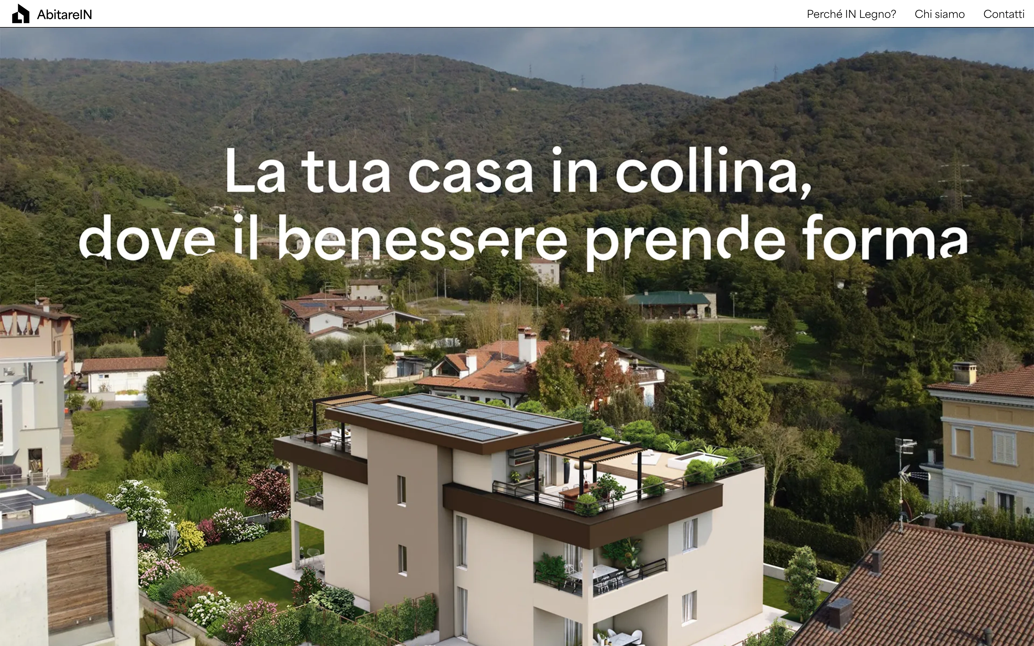 Abitare in Legno desktop home — hero over the Concesio hillside