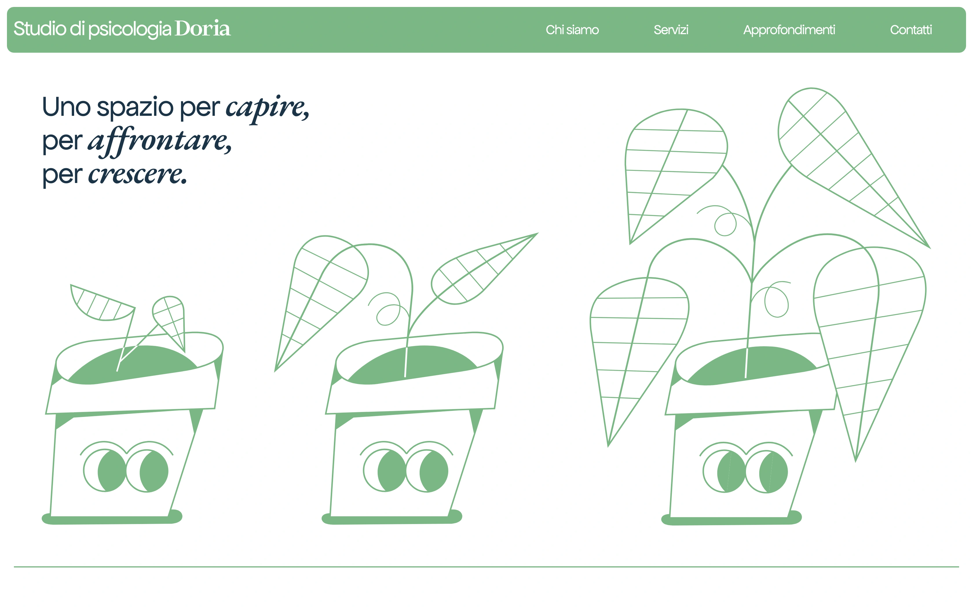 Studio di psicologia Doria desktop home — serif italic claim with the three growth-stage plants