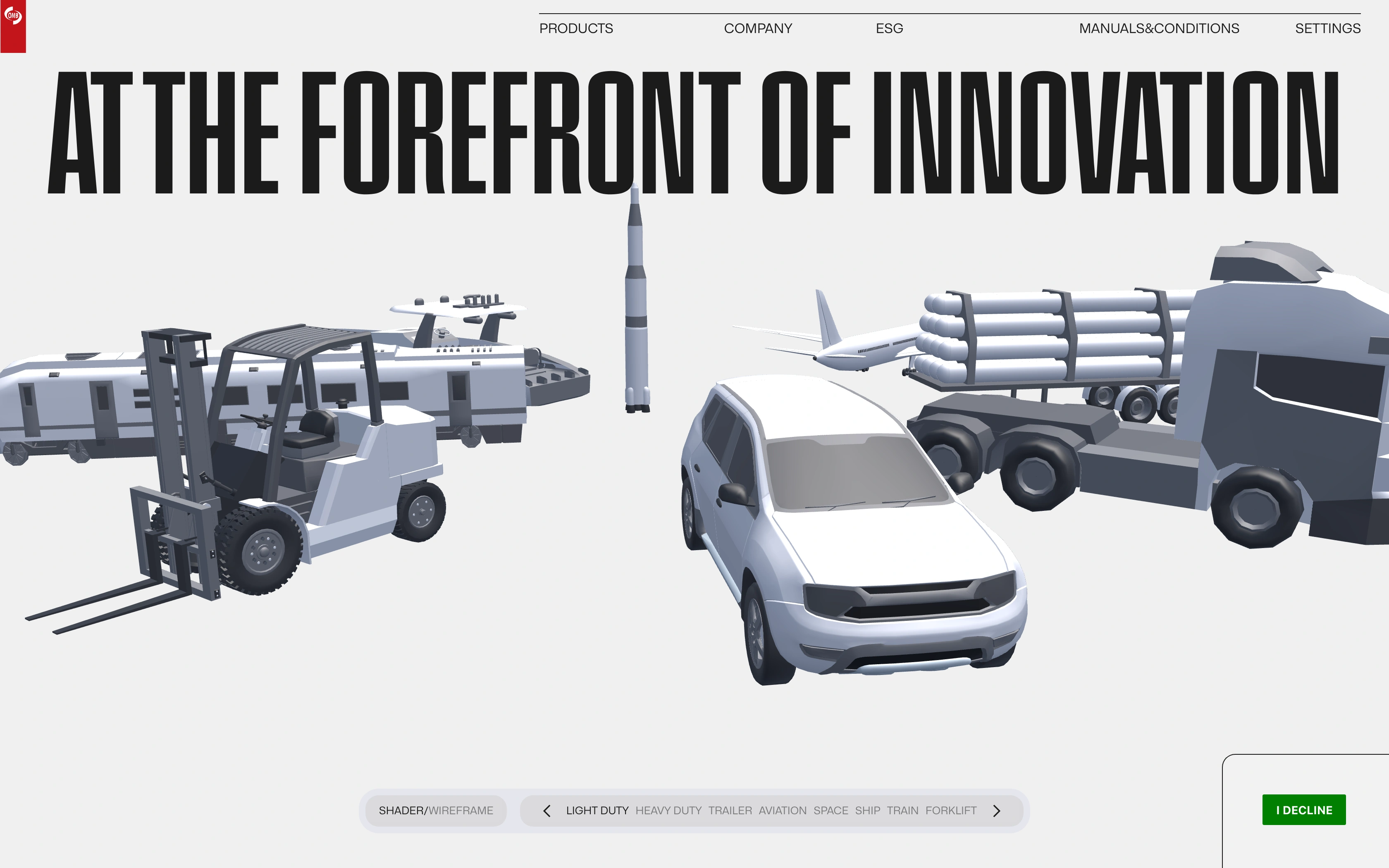Omb Saleri desktop — hero with 3D transport renders and the shader toggle