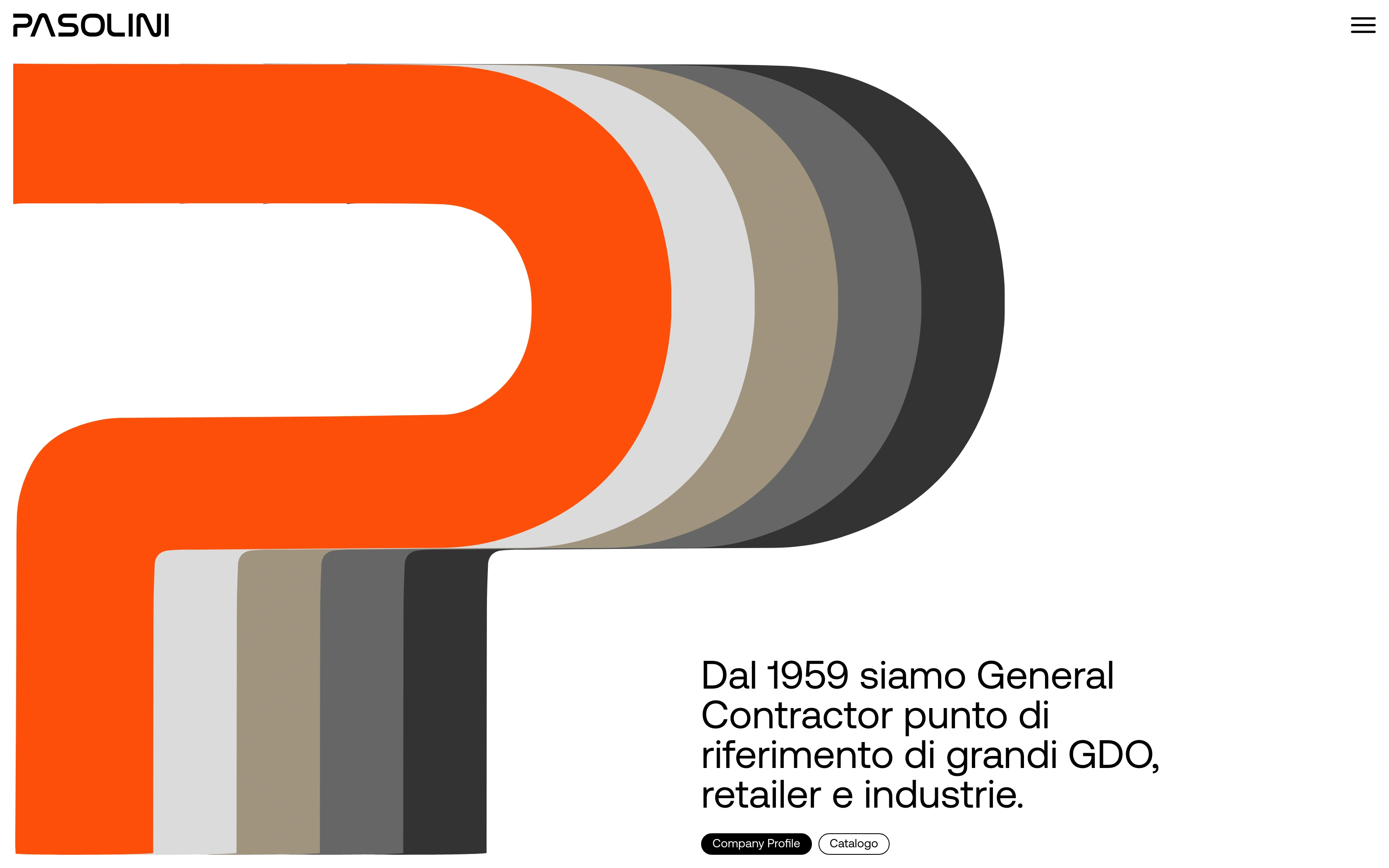 Pasolini desktop home — layered ribbon P hero with the General Contractor claim
