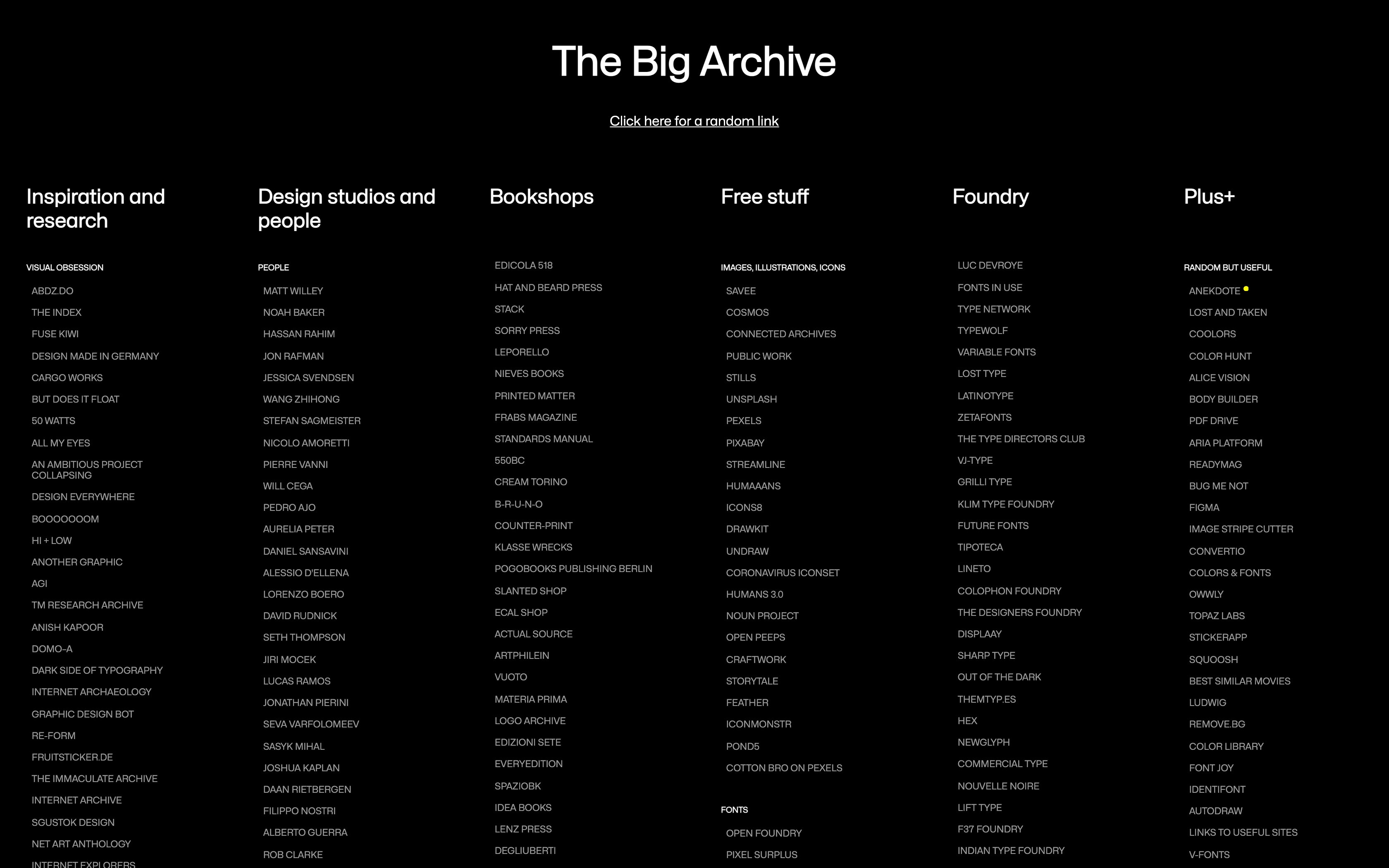 The Big Archive desktop home — random link button above the six link columns