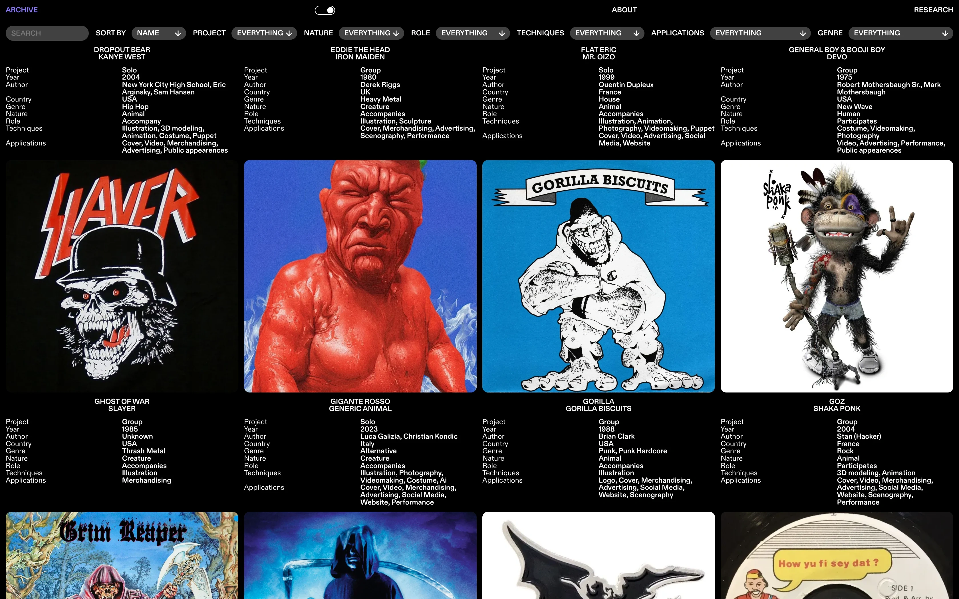Music Mascots Archive desktop in dark mode — Slayer, Gigante Rosso, Gorilla Biscuits and Shaka Ponk