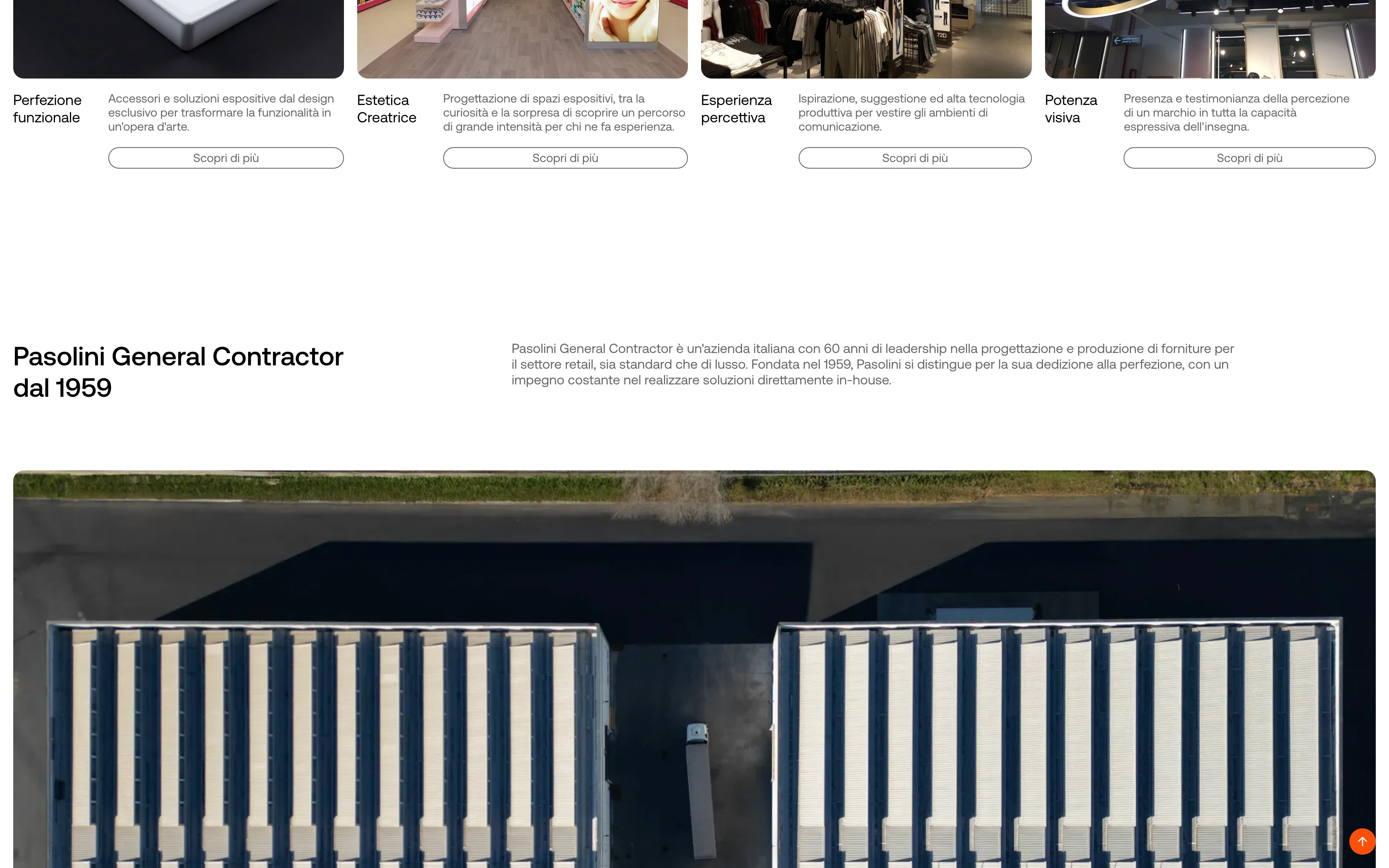 Pasolini desktop — service pillars with retail photography and the 1959 company intro