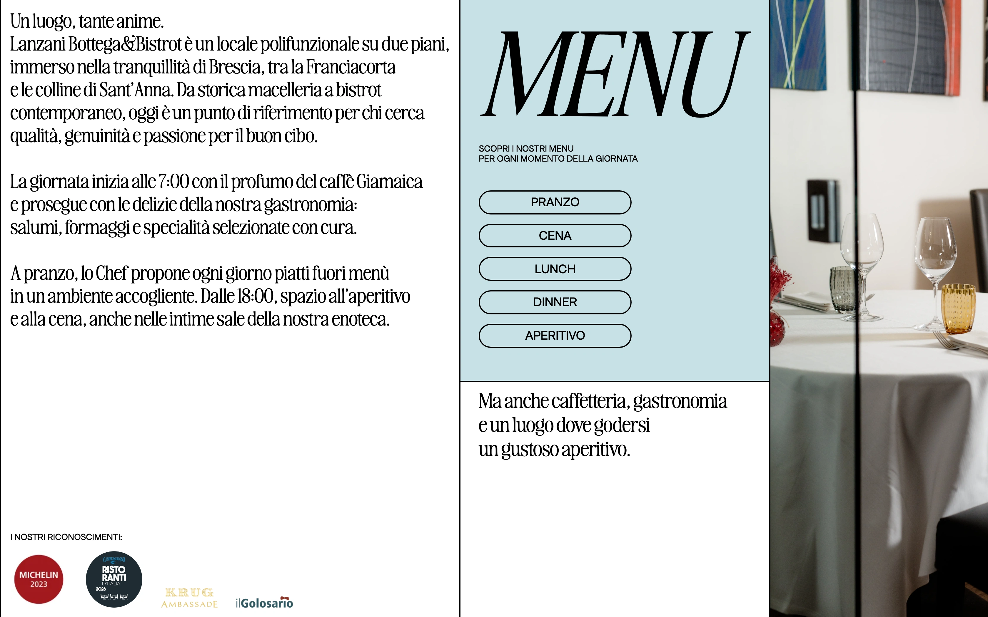 Gastronomia Lanzani desktop — bottega story running into the menu panel