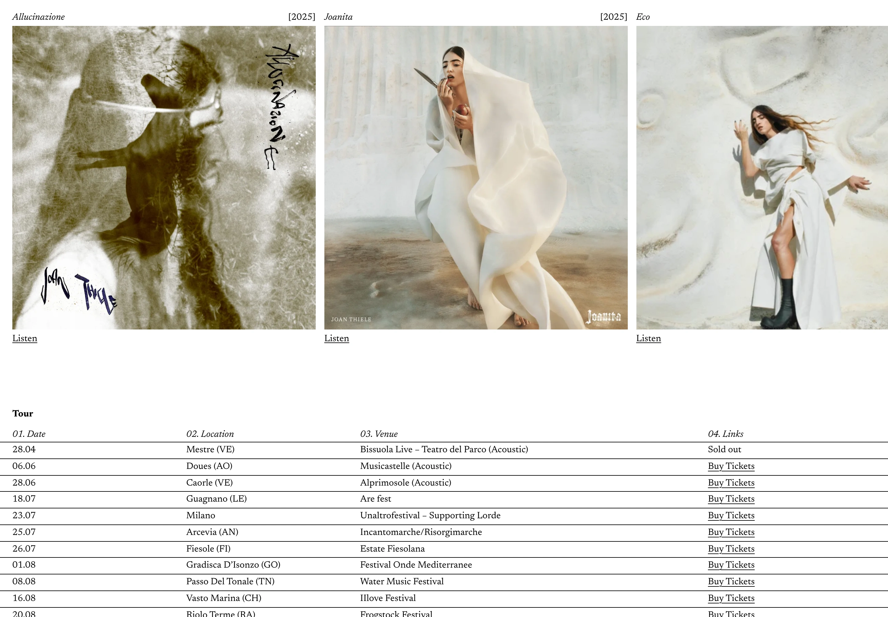 Joan Thiele desktop — Discography with artwork and audio previews