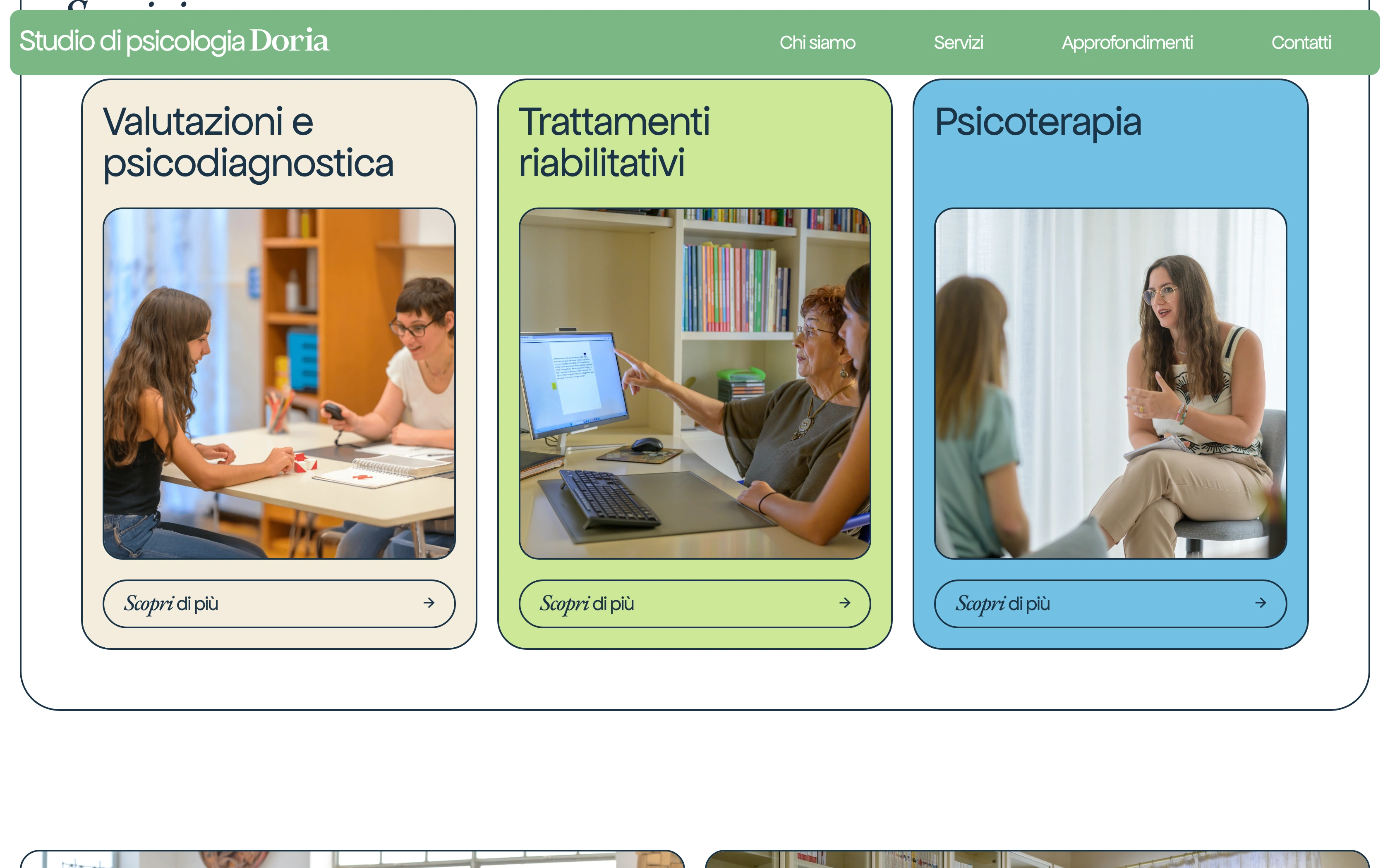 Studio di psicologia Doria desktop — service cards for assessments, rehabilitation and psychotherapy