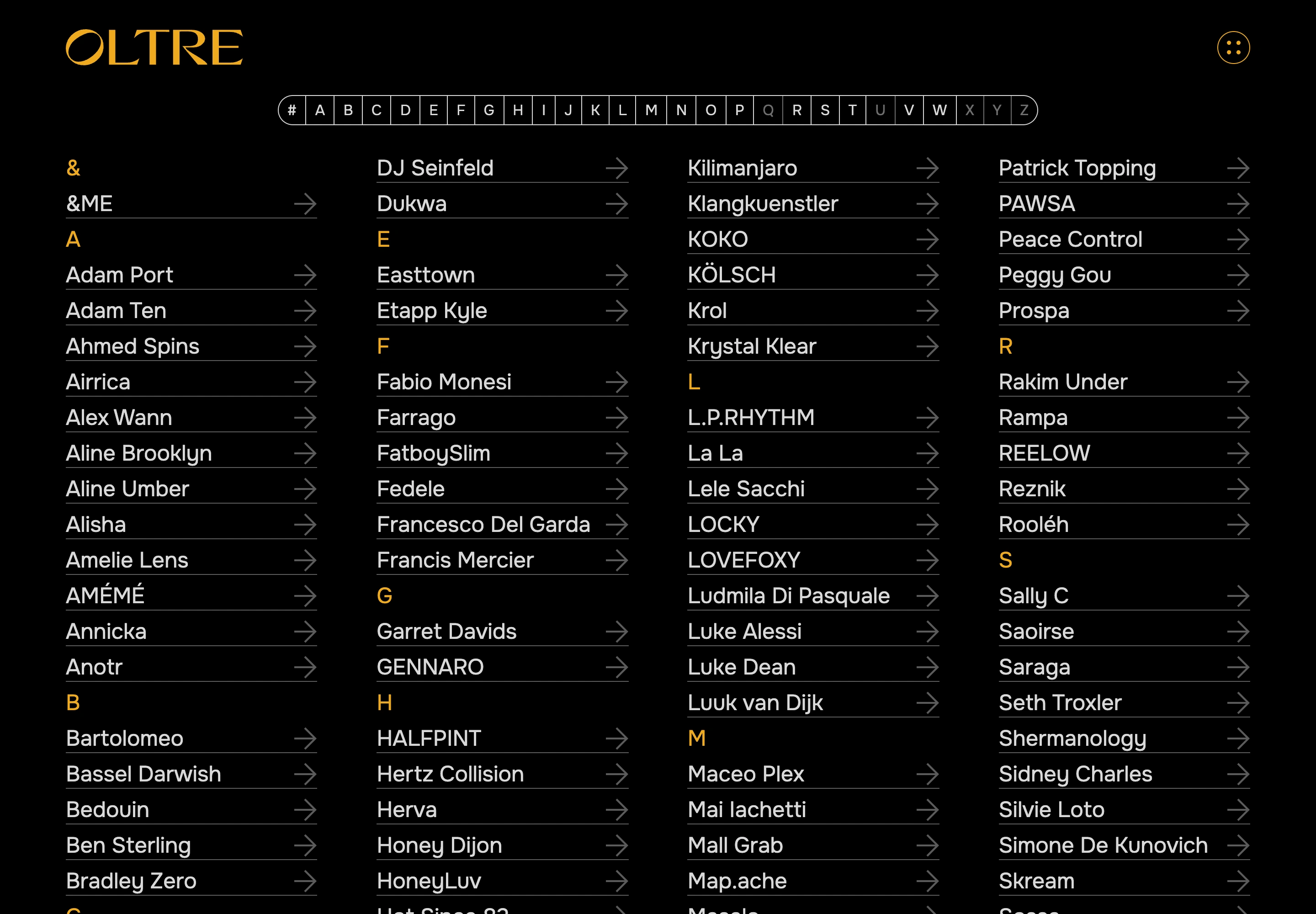 Oltrebooking desktop — Artists index grouped by initial with the letter navigator
