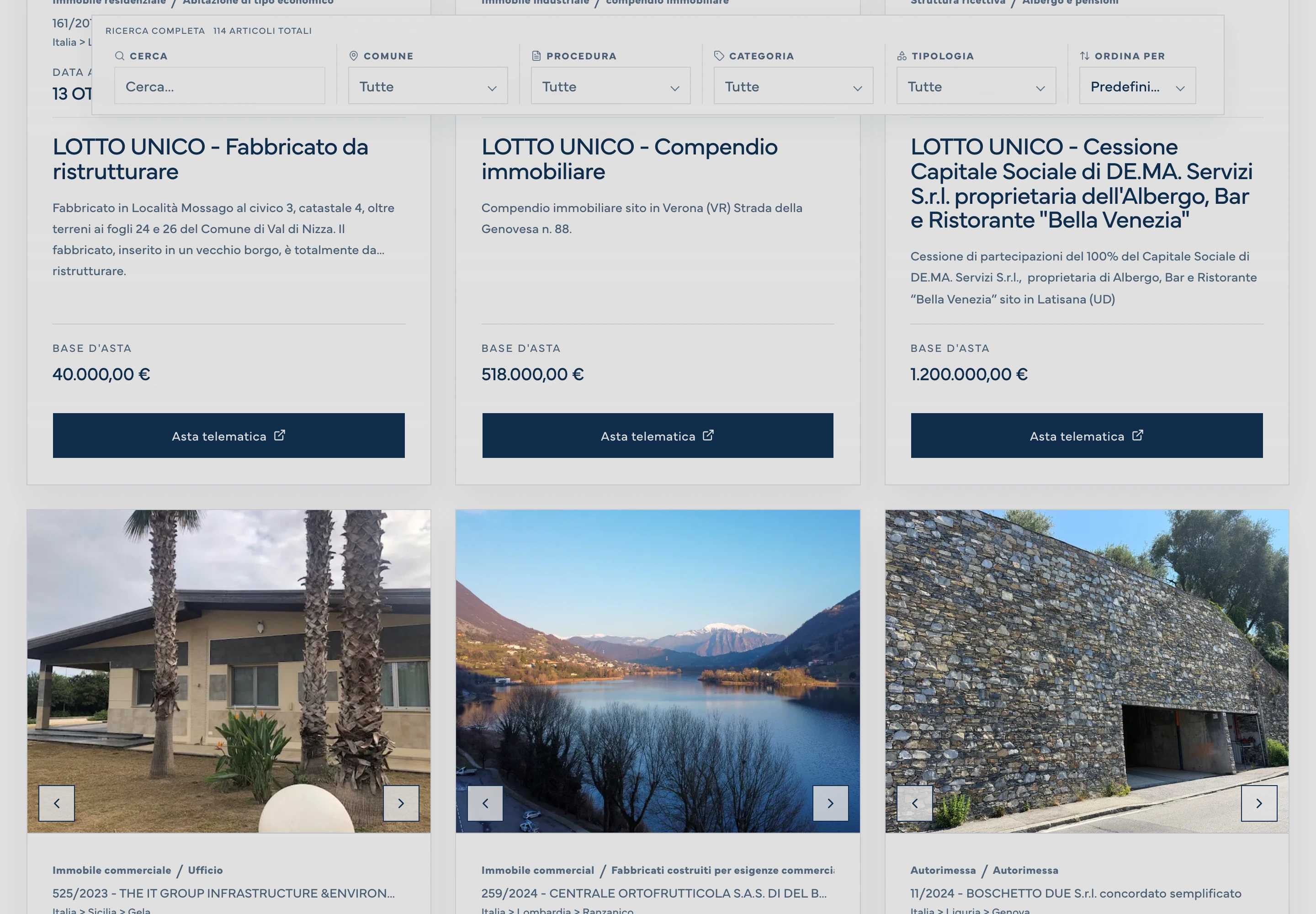 Parva Domus desktop — Auction listings with property photography and prices