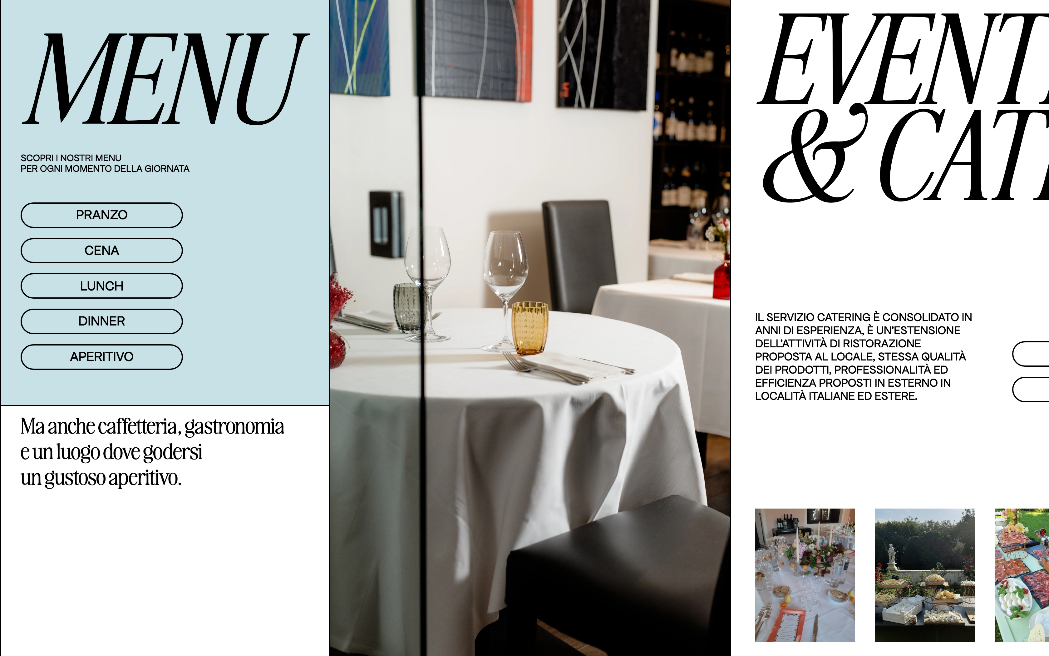 Gastronomia Lanzani desktop — MENÙ panel with service pills beside the dining room