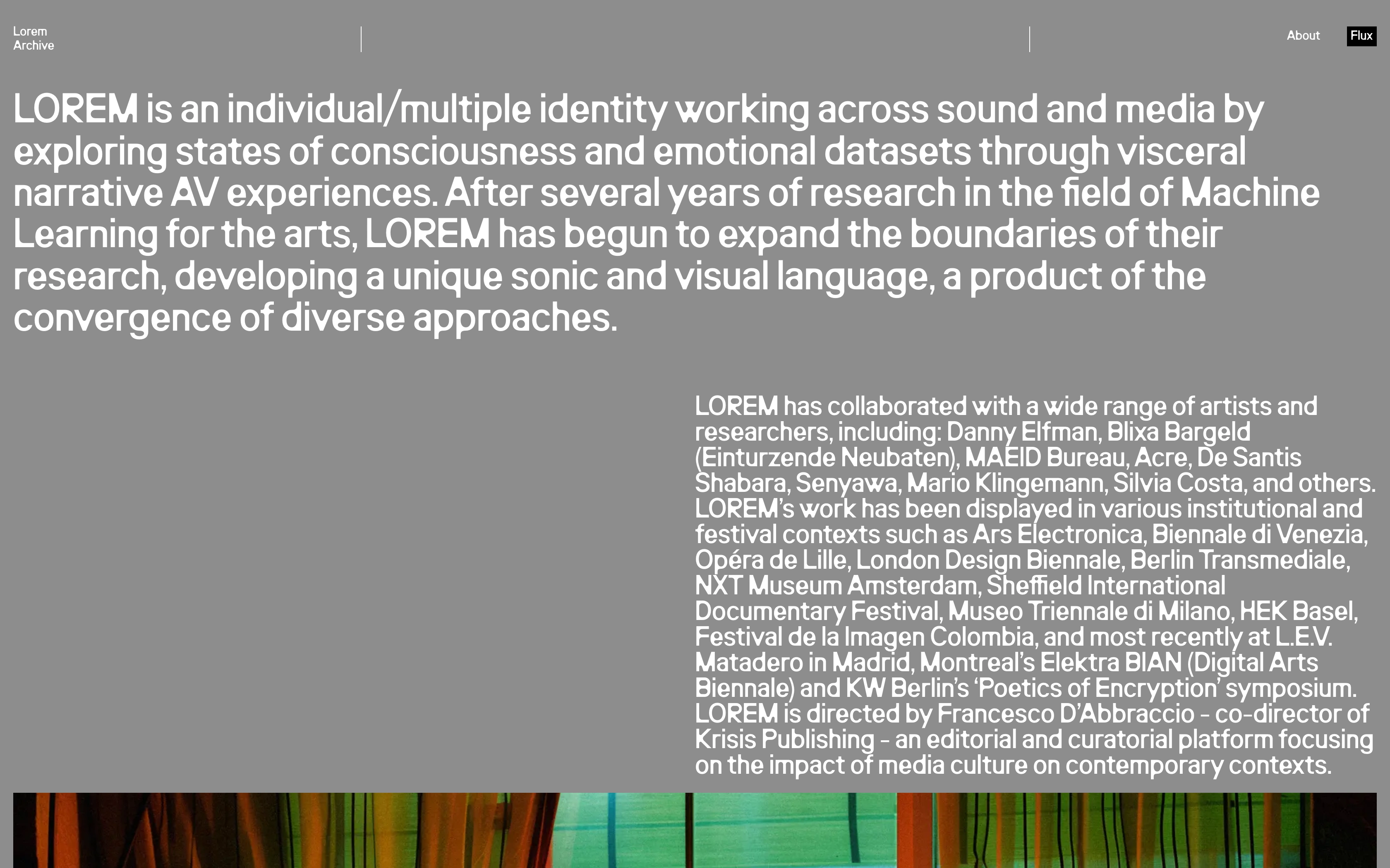 Lorem desktop — About page in the studio grotesk