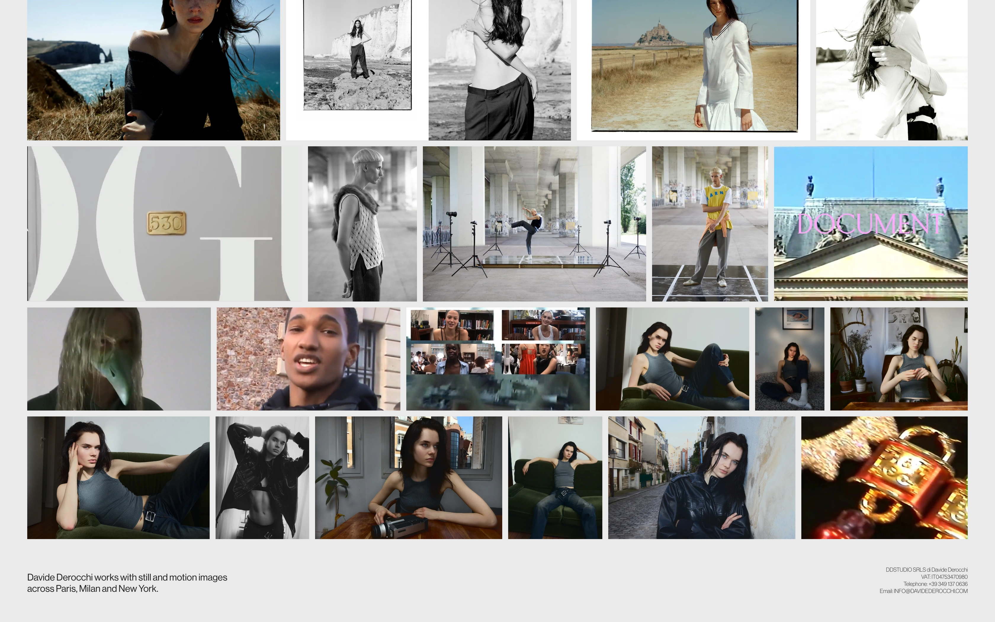 Davide Derocchi desktop — editorial spreads with the oversized type plates