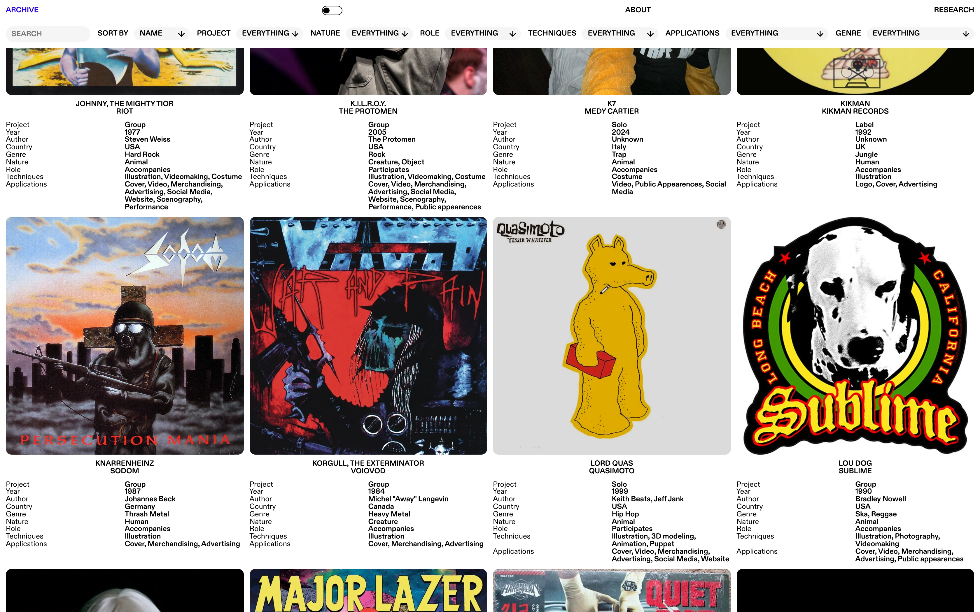 Music Mascots Archive desktop — cover row with Aksak and Demilich plates and the Sublime Lou Dog badge