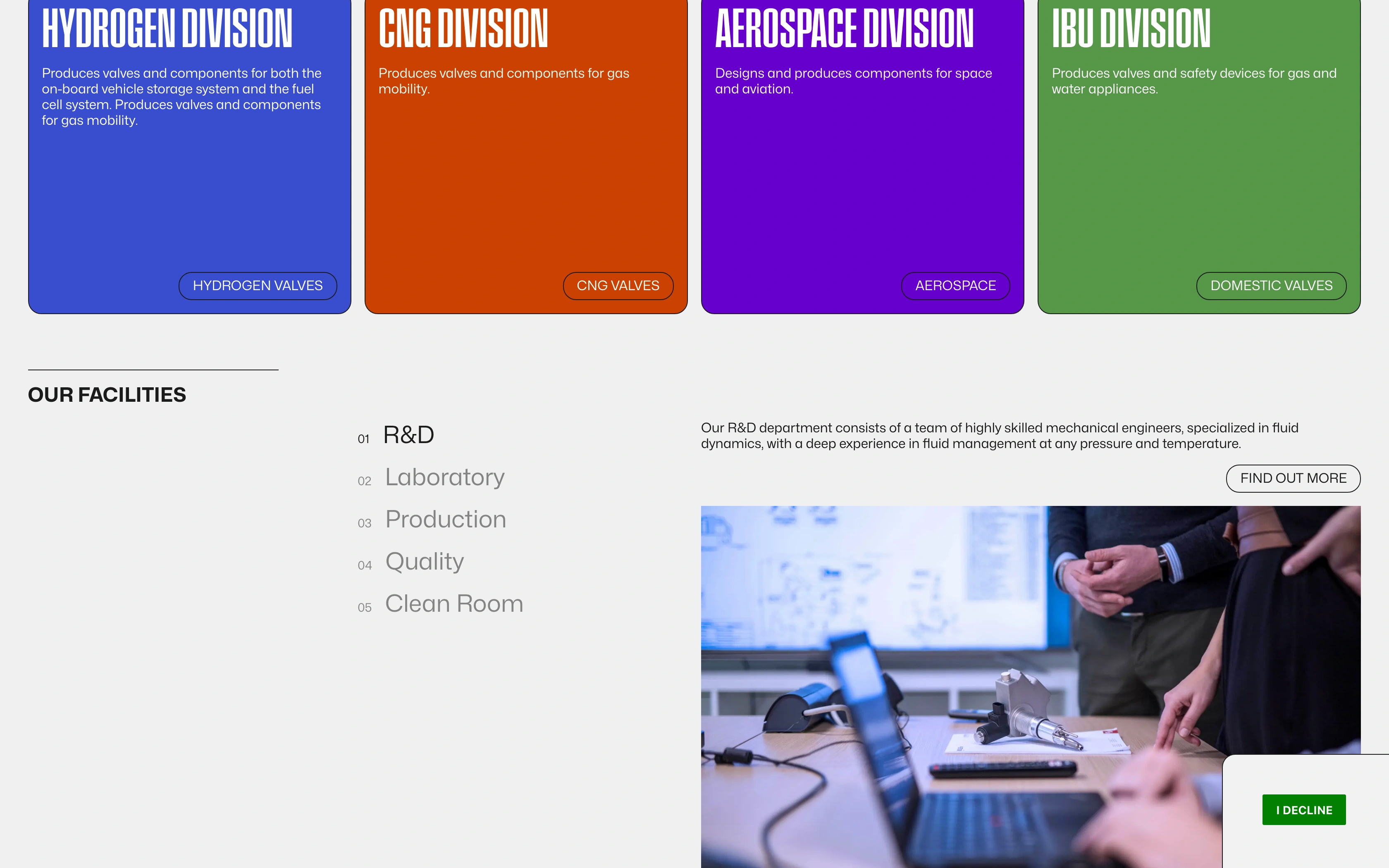 Omb Saleri desktop — four division cards above the R&D facilities list
