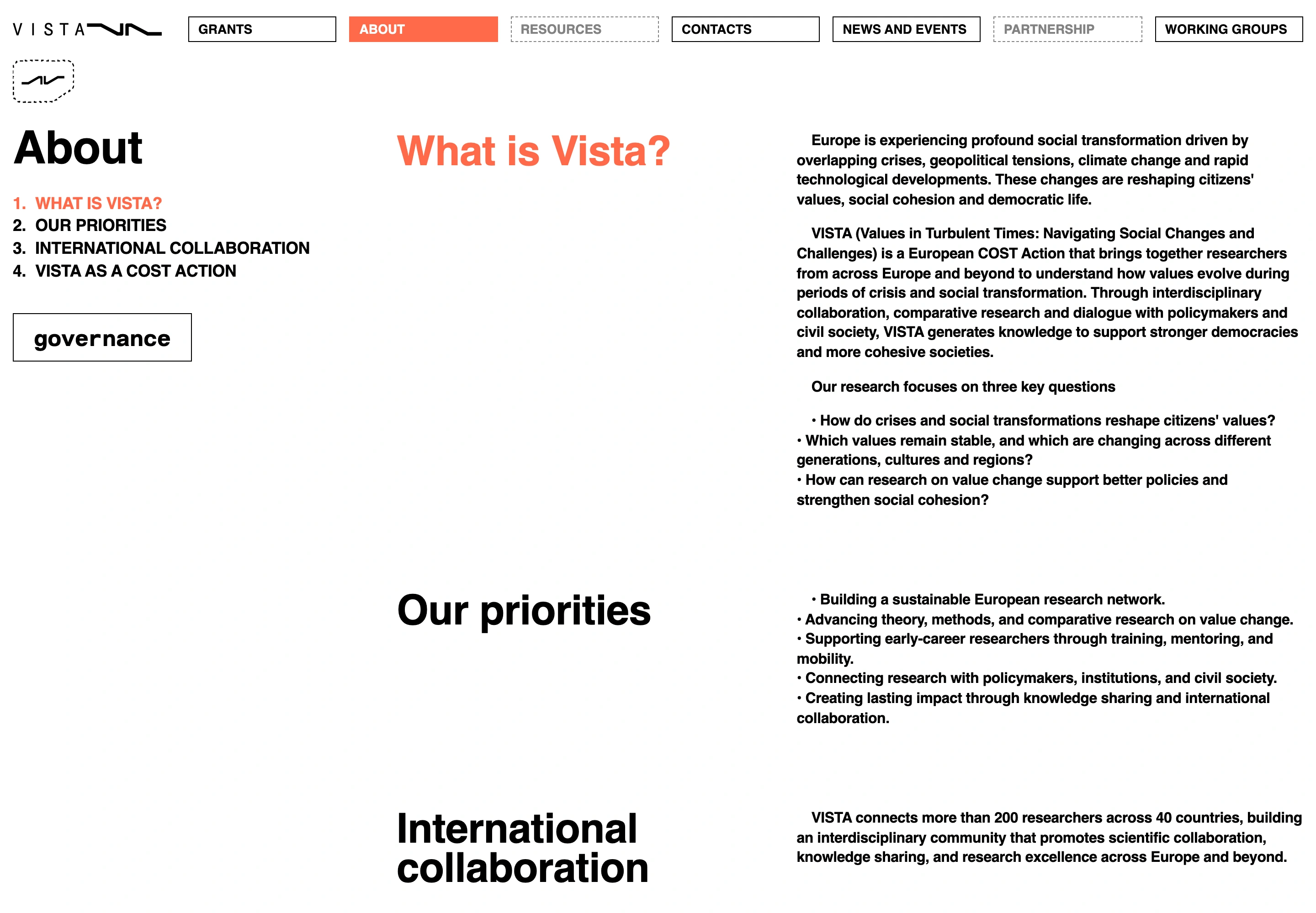 VISTA desktop — About page with research questions and priorities
