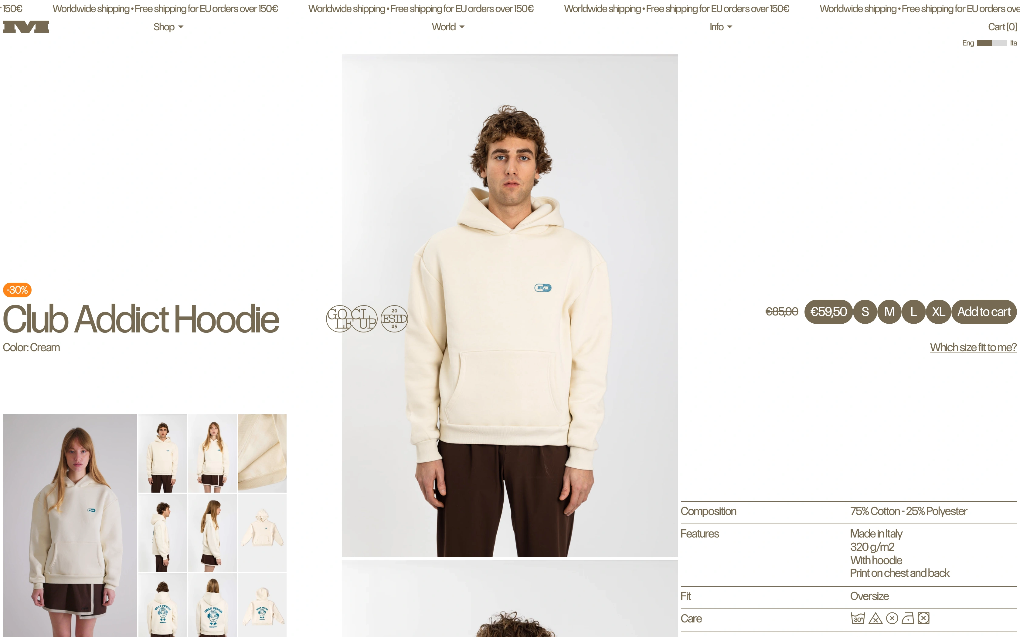 Momento Golf desktop — Club Addict Hoodie page with variants and specs
