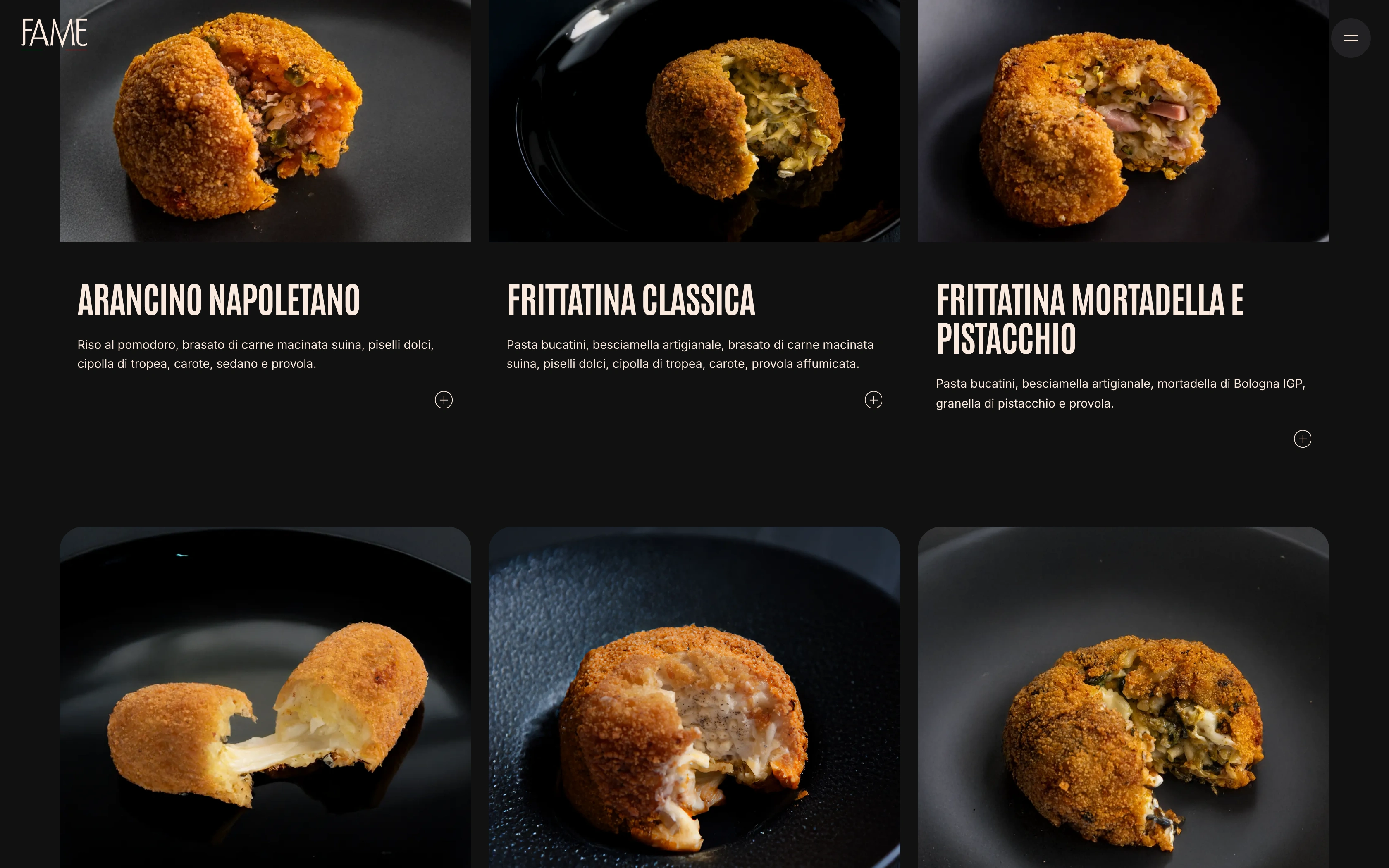 Fame — La Frittura di Napoli desktop — product cards with filling notes
