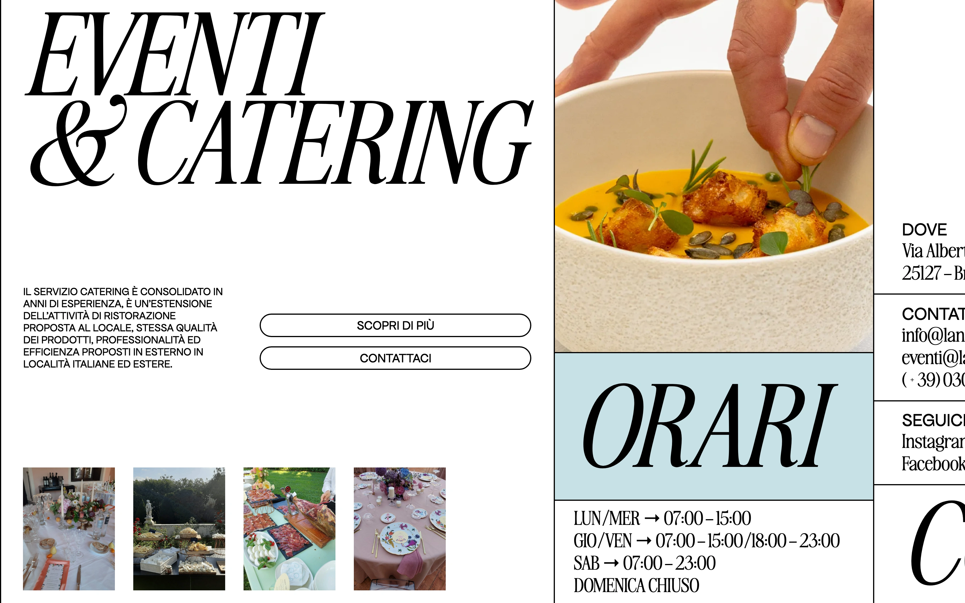 Gastronomia Lanzani desktop — Eventi & Catering panel with the ORARI block