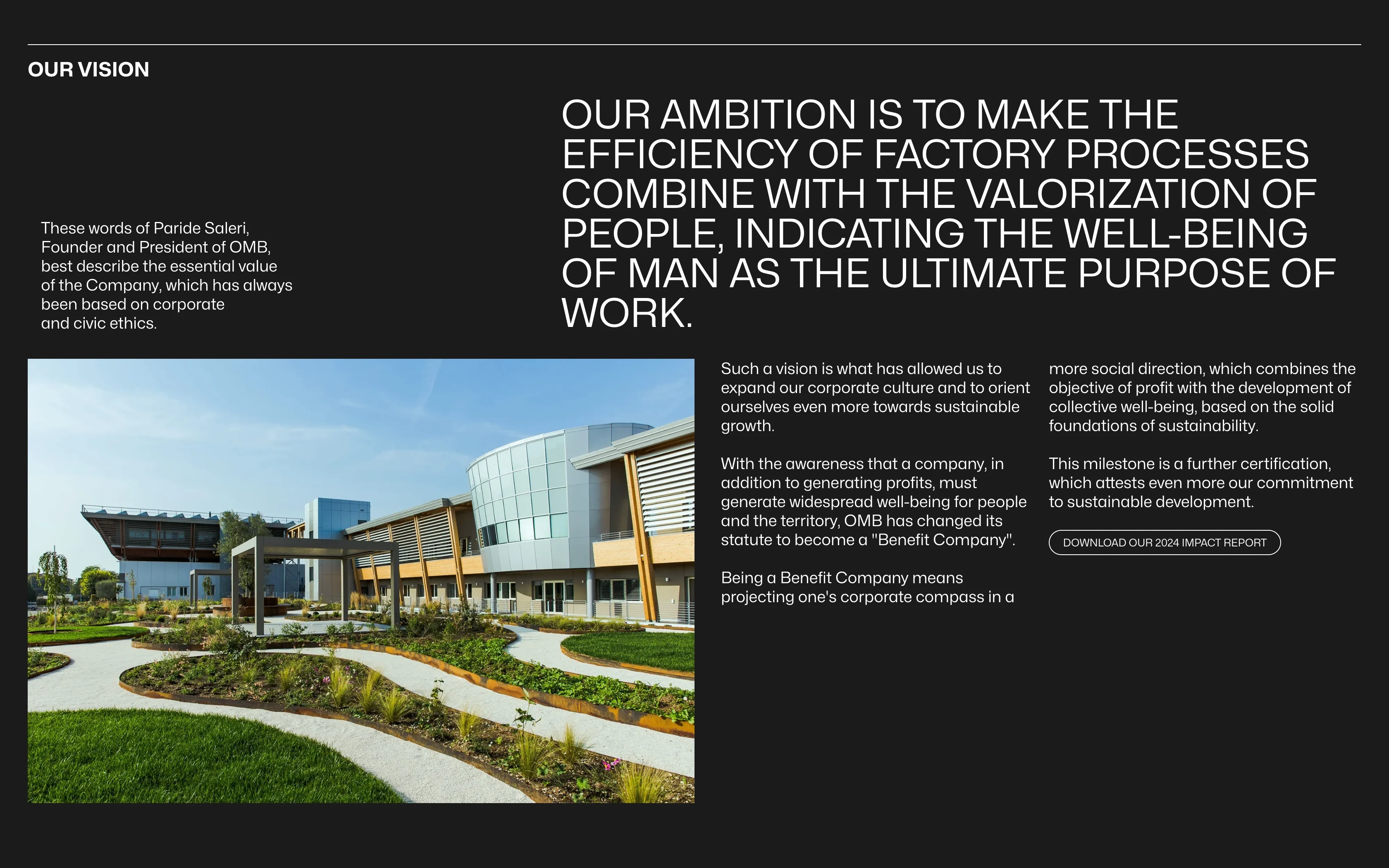 OMB Saleri desktop in dark mode — vision statement with company grounds photography