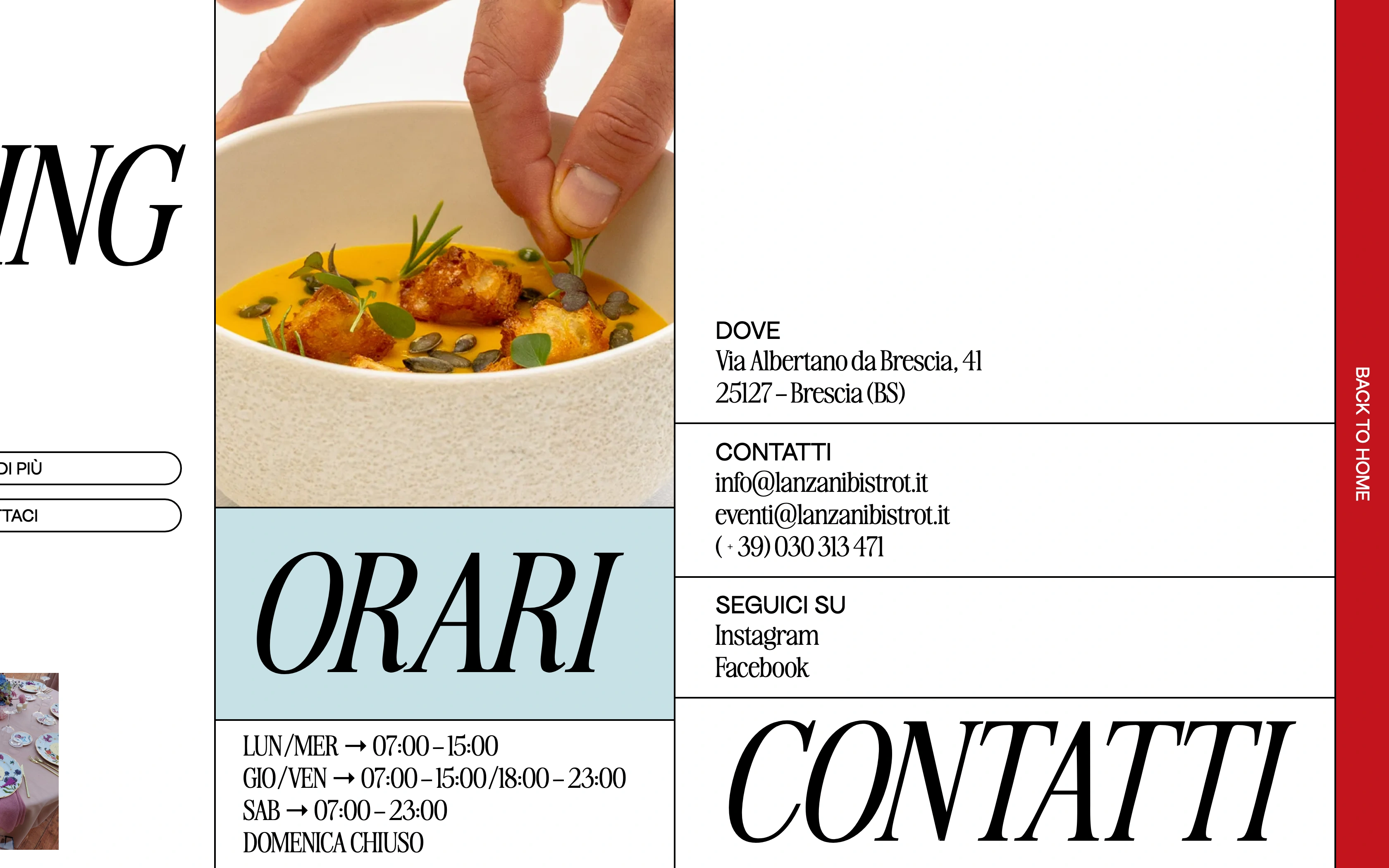 Gastronomia Lanzani desktop — Dove e Contatti panel next to the plated dish