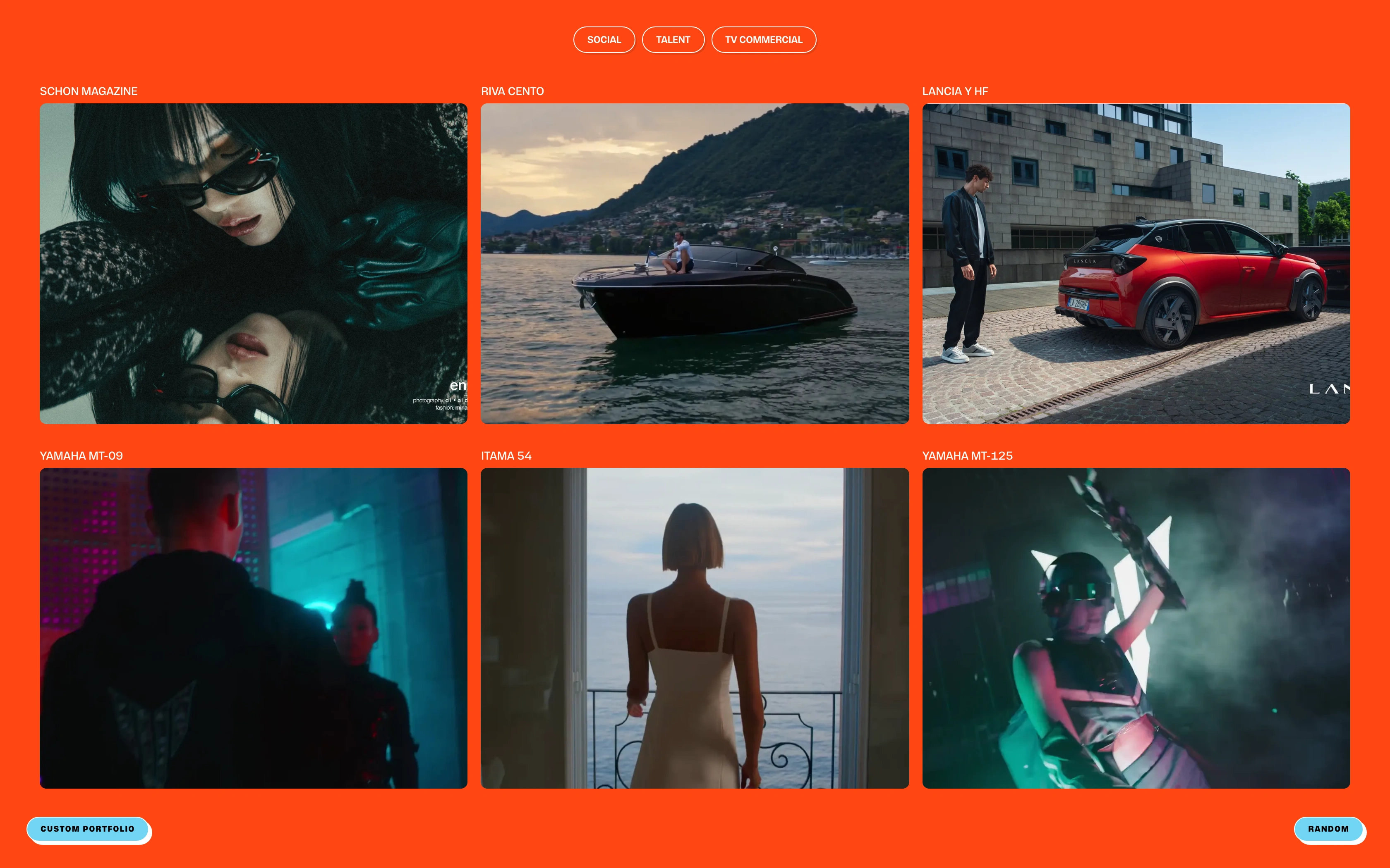 Miriam Mora desktop — projects index with Social, Talent and TV Commercial filters