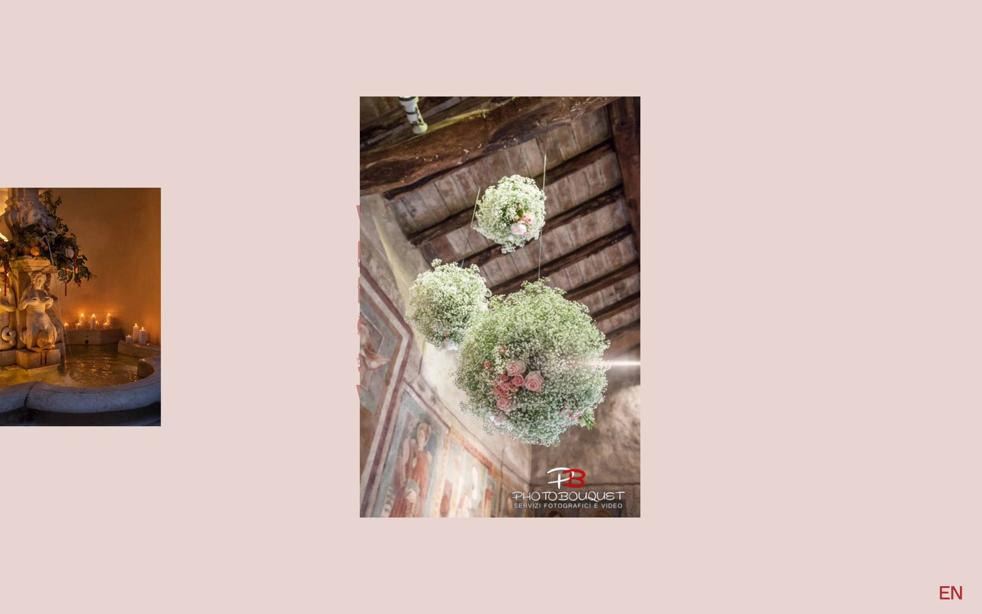 Blœm desktop — hydrangea installation hanging in the frescoed hall