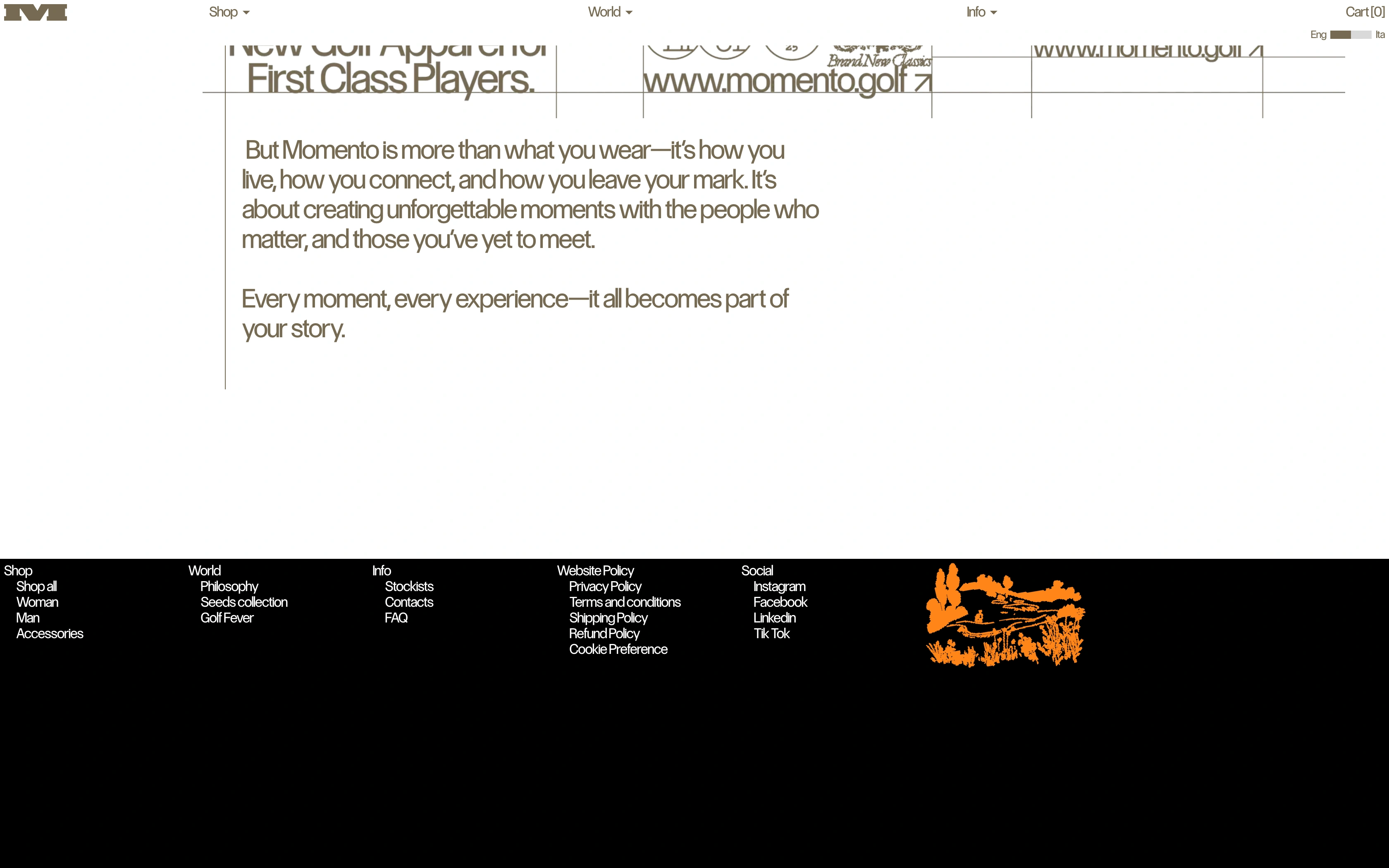 Momento Golf desktop — Brand New Classics poster plates on the philosophy page