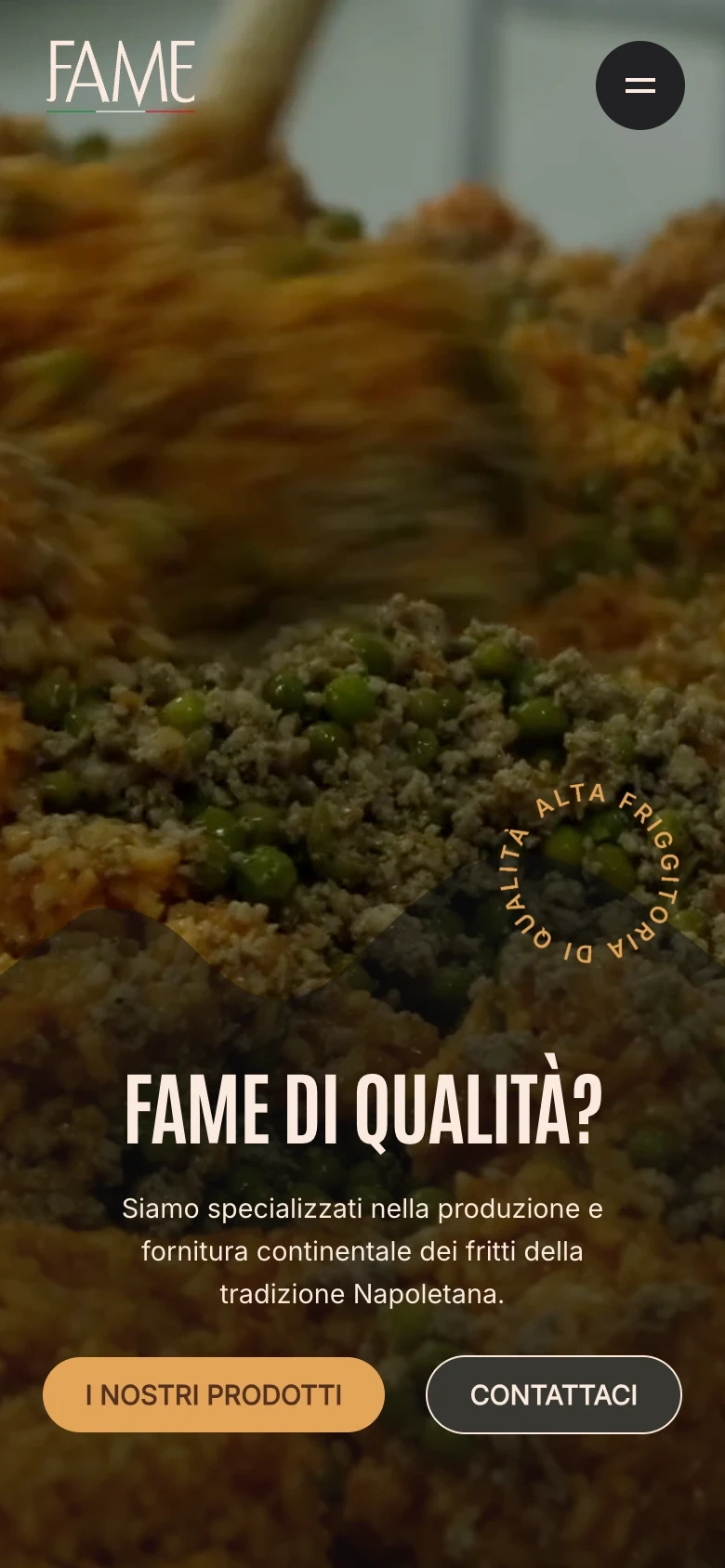 Fame — La Frittura di Napoli mobile — quality claim and product links over the loaded Vimeo video