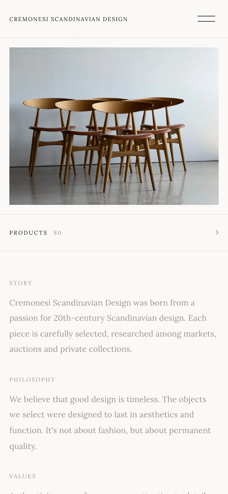 Cremonesi Scandinavian Design mobile — Homepage with furniture photography