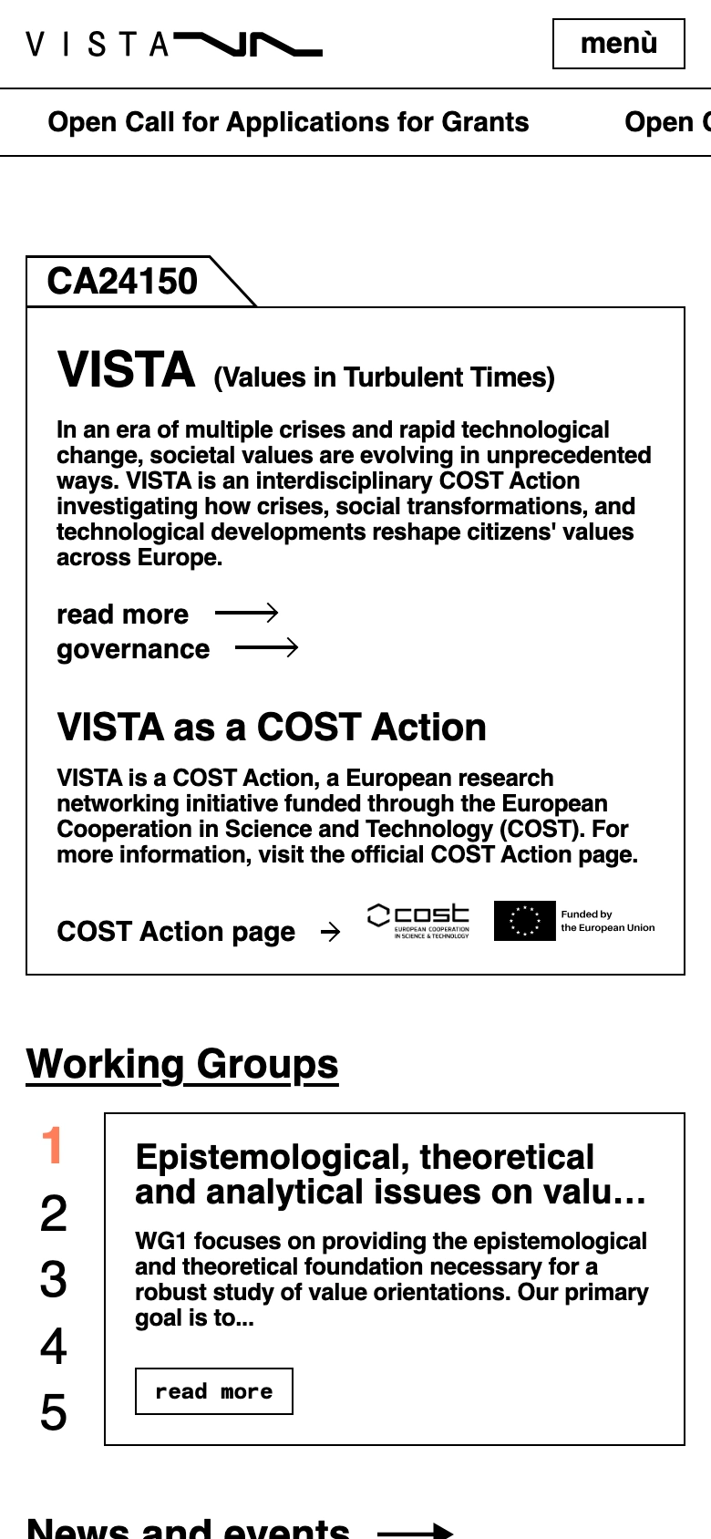 VISTA mobile — Homepage with Action introduction and working groups