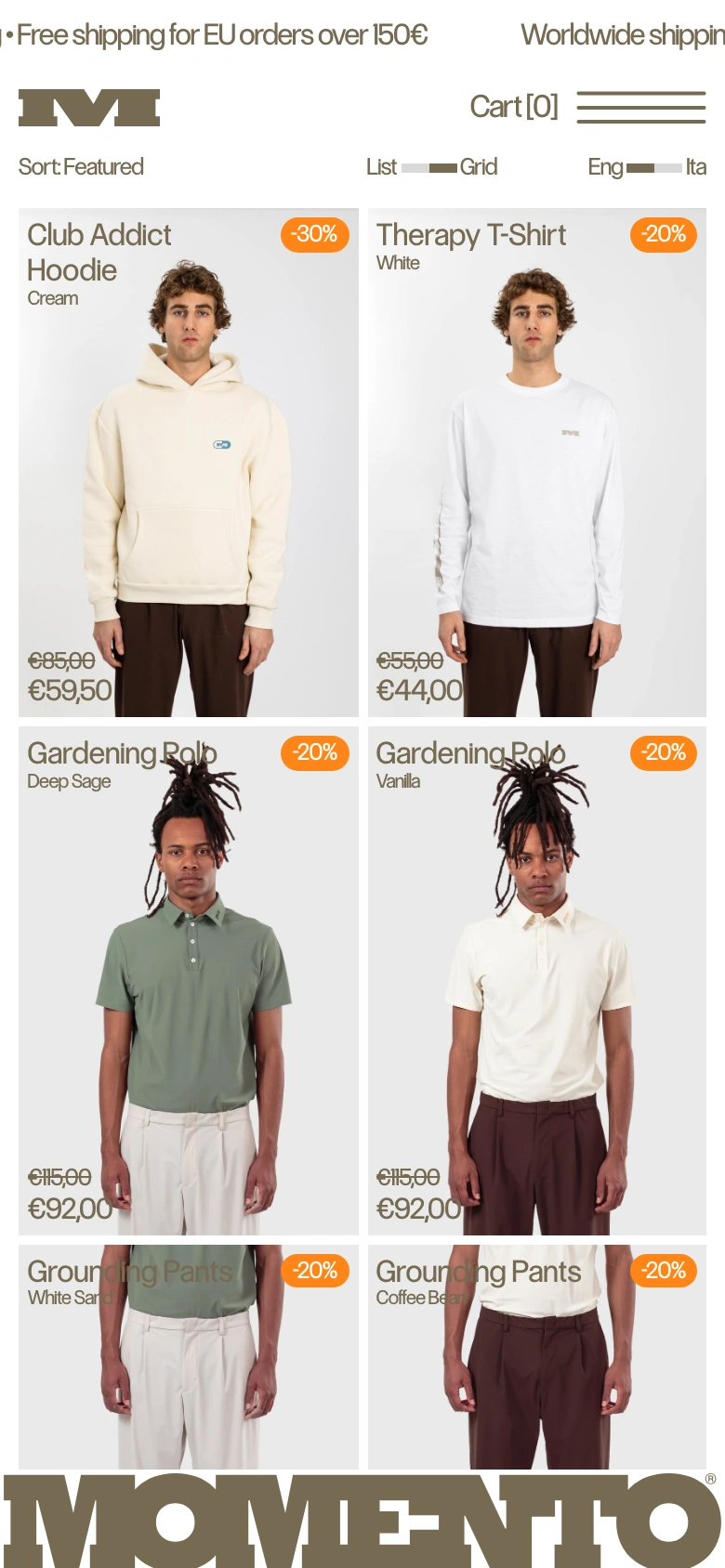 Momento Golf mobile — lookbook plates with prices and discounts