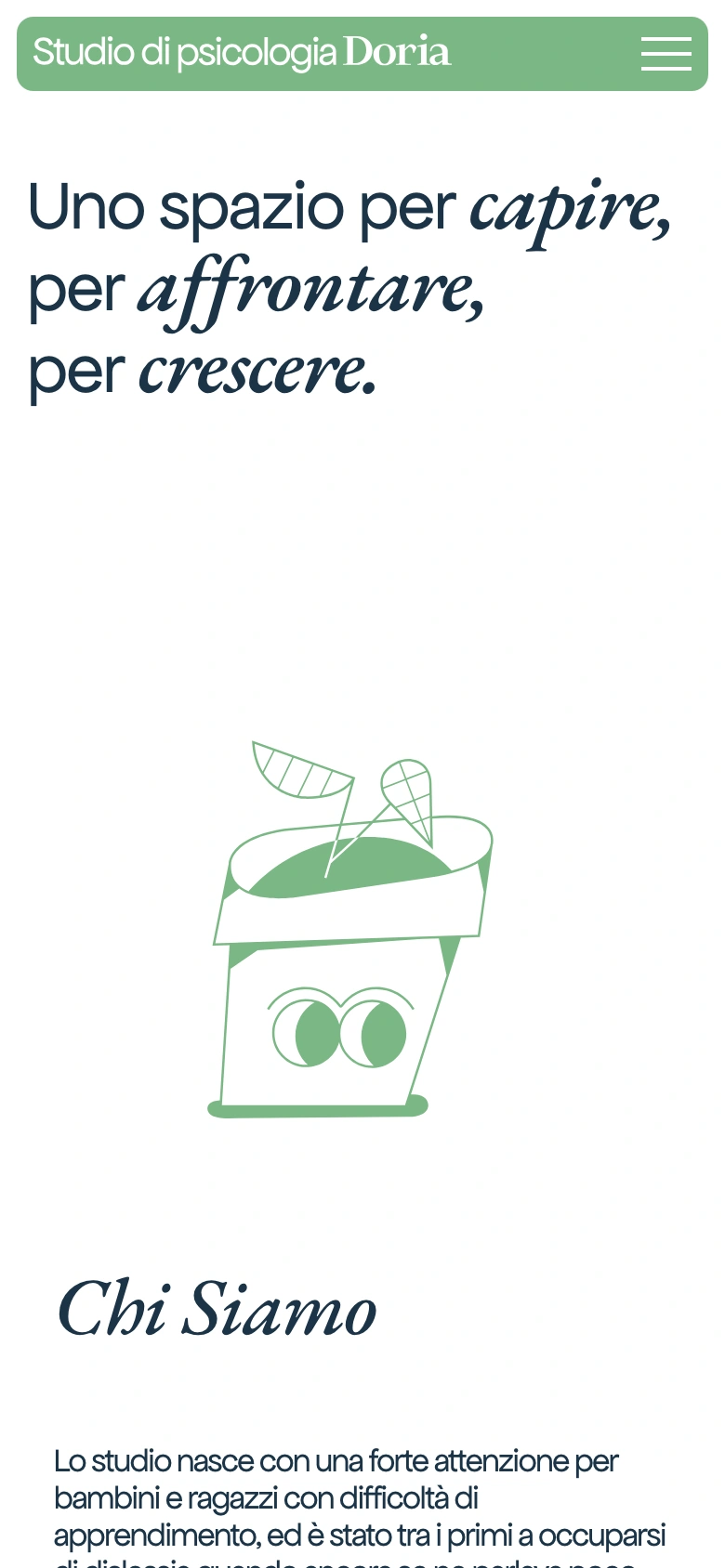 Studio di psicologia Doria mobile — hero claim with a growth-stage plant and the Chi Siamo intro