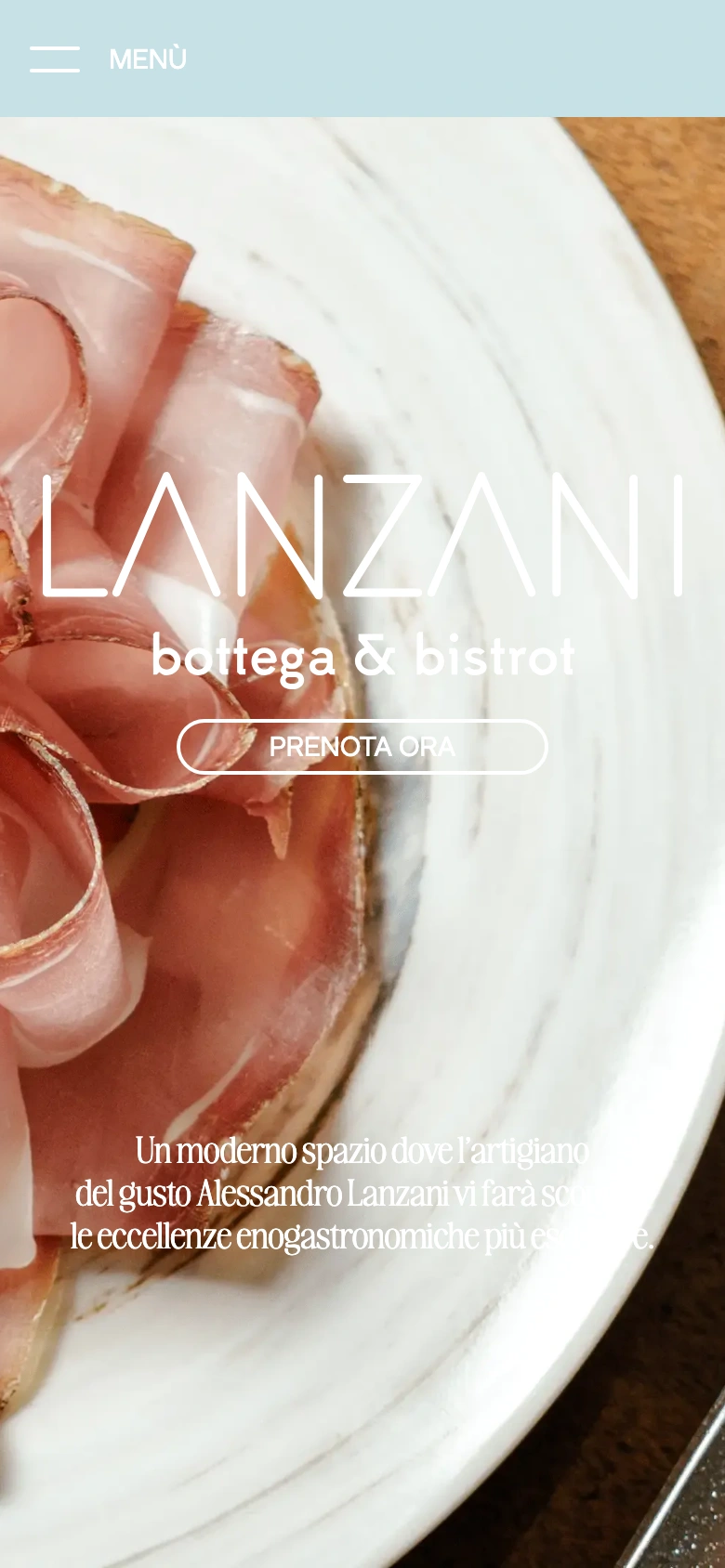 Gastronomia Lanzani mobile — hero with the culatello plate and wordmark