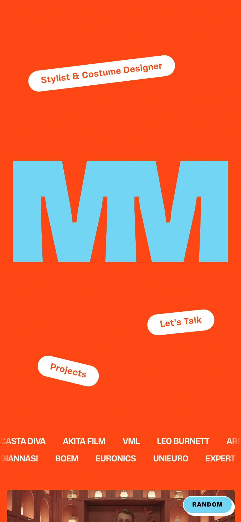 Miriam Mora mobile — MM monogram and the three pill links
