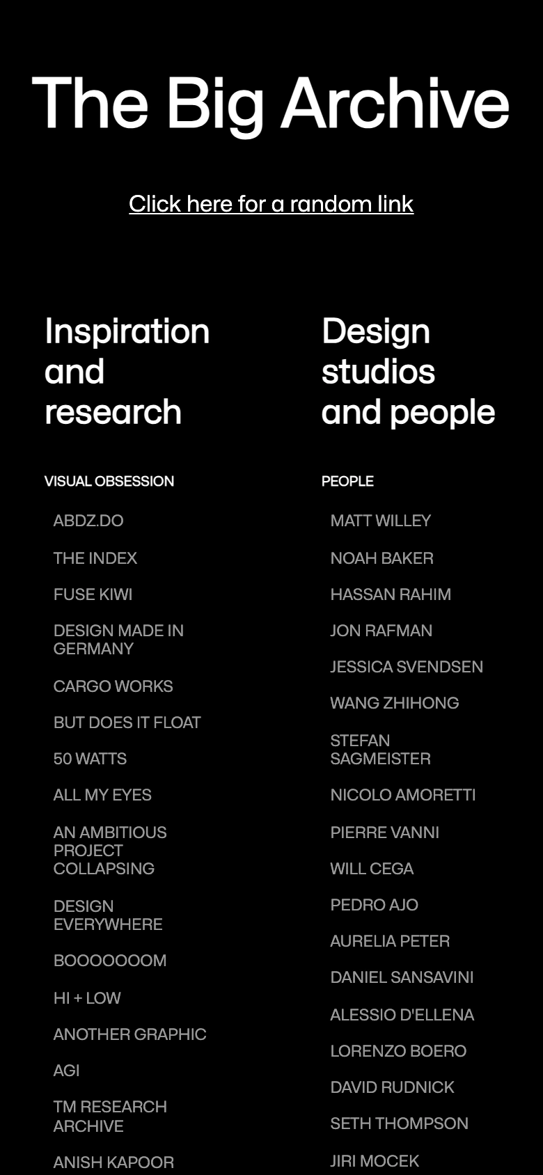 The Big Archive mobile — title, random link and stacked category heads
