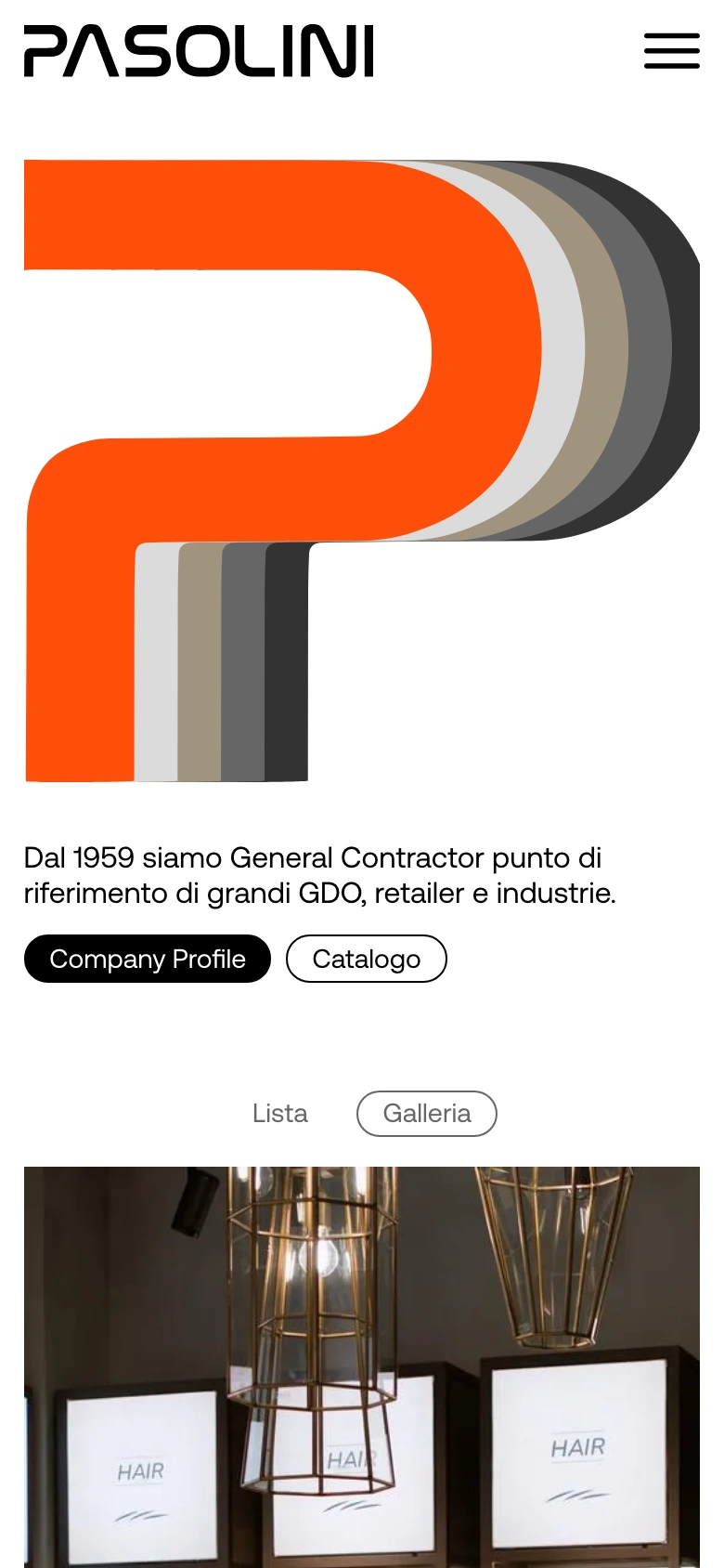 Pasolini mobile — hero with ribbon mark and the gallery toggle