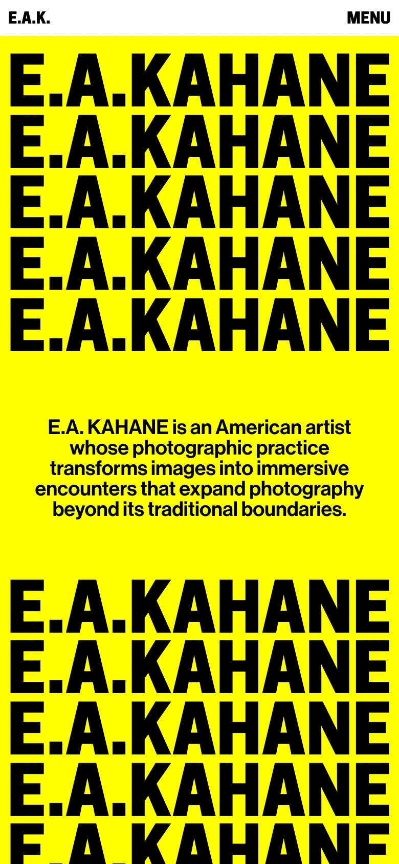 E.A. Kahane mobile — Stacked artist identity on the yellow homepage