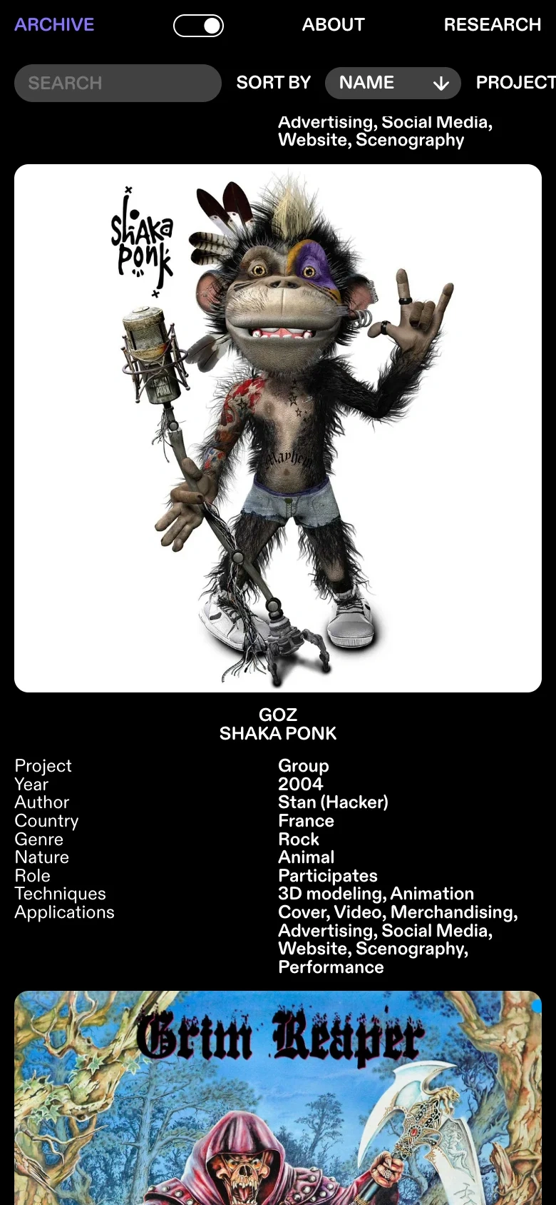 Music Mascots Archive mobile in dark mode — Shaka Ponk GOZ mascot with its credit ledger