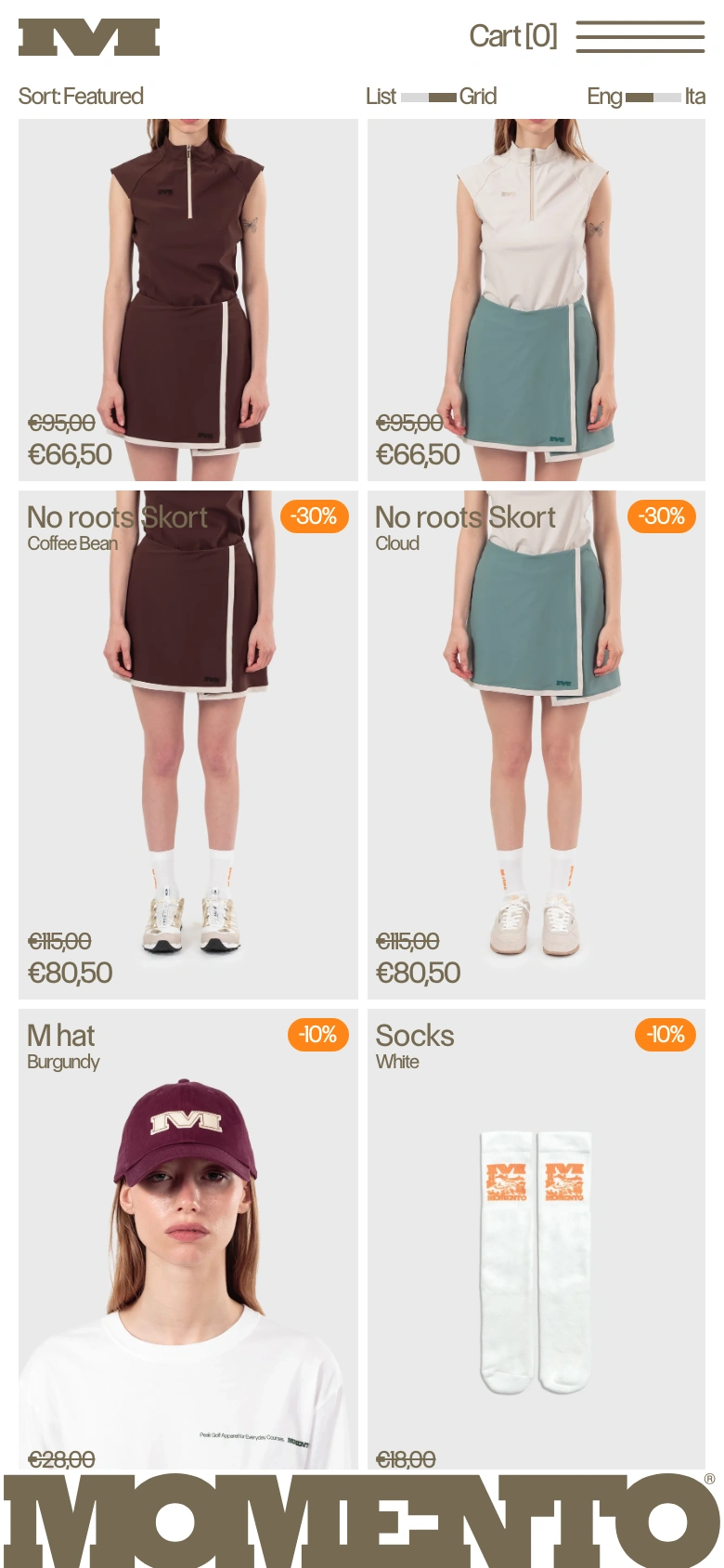 Momento Golf mobile — accessories plates above the MOMENTO wordmark