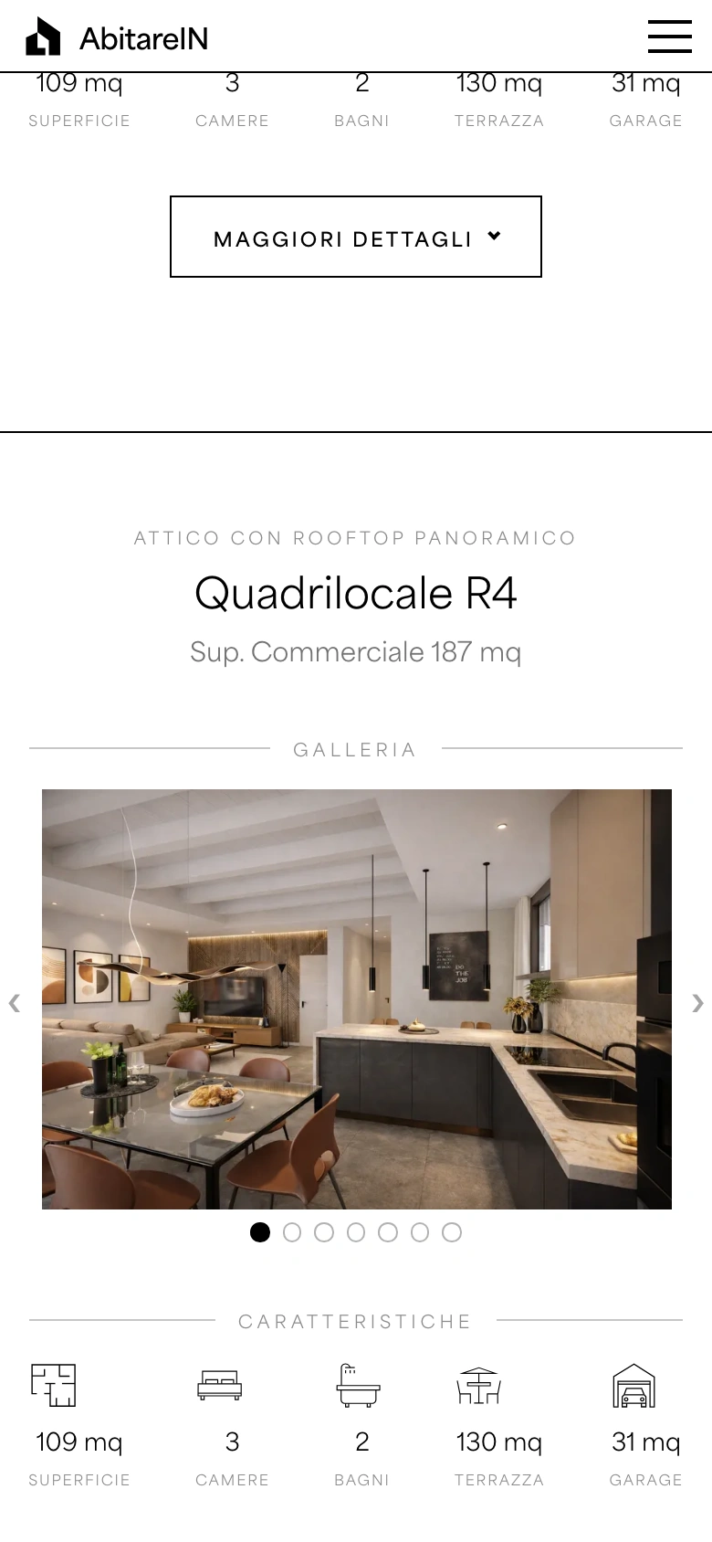 Abitare in Legno mobile — apartment card with feature ledger