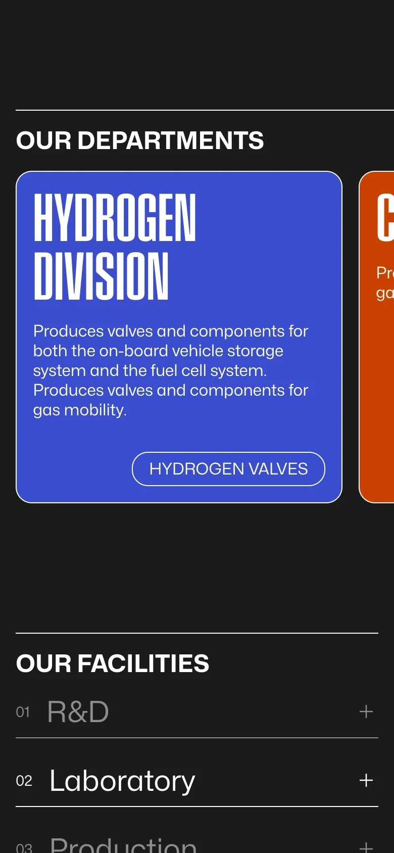 OMB Saleri mobile in dark mode — Hydrogen division card above the facilities list