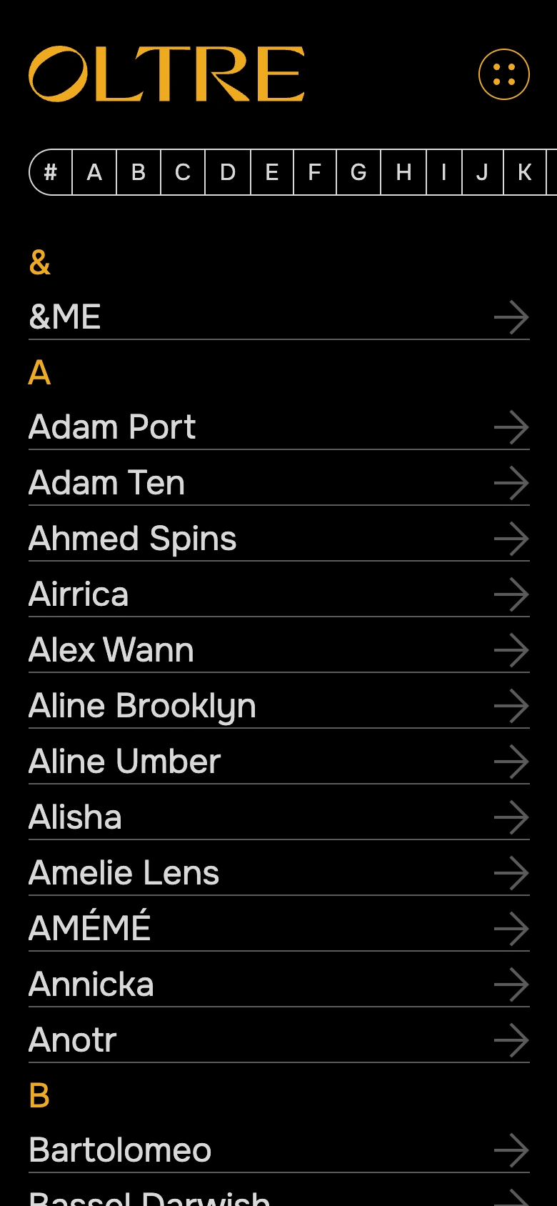 Oltrebooking mobile — Artists index with the letter navigator