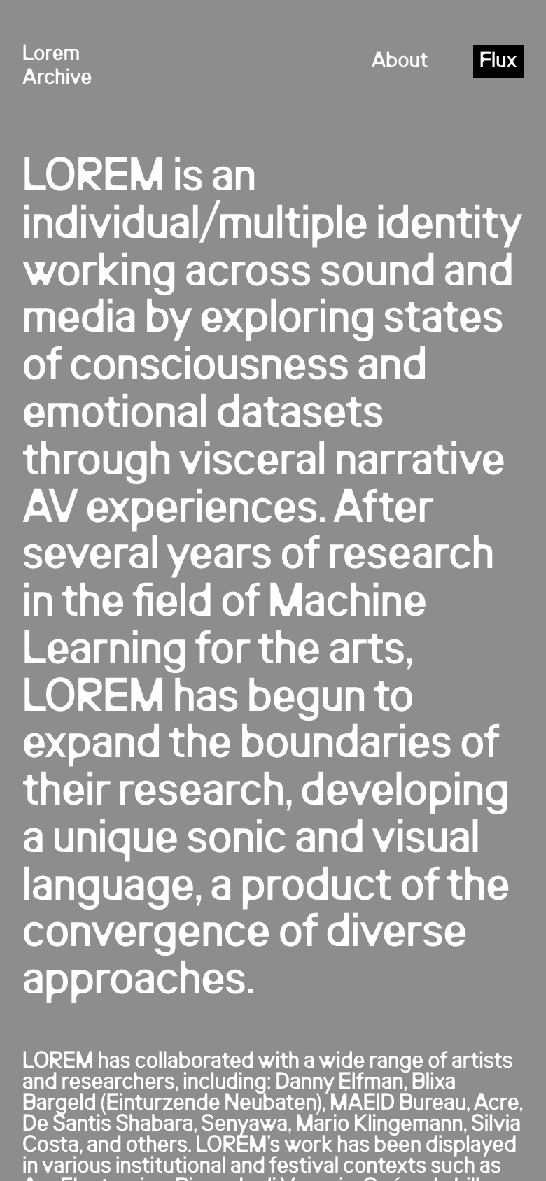 Lorem mobile — About page in the studio grotesk