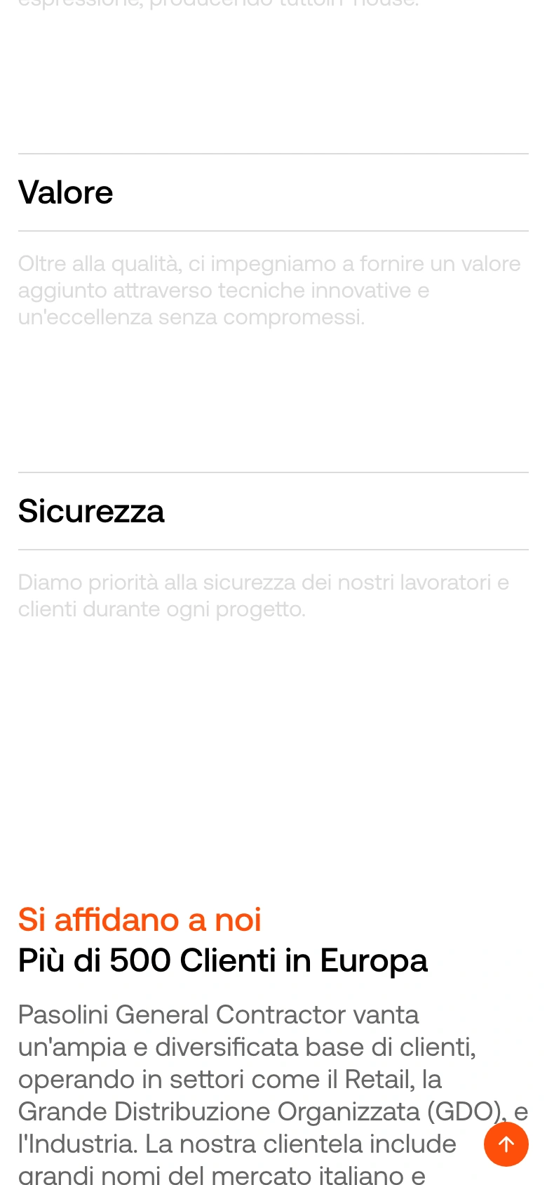 Pasolini mobile — pillar values and the client base intro